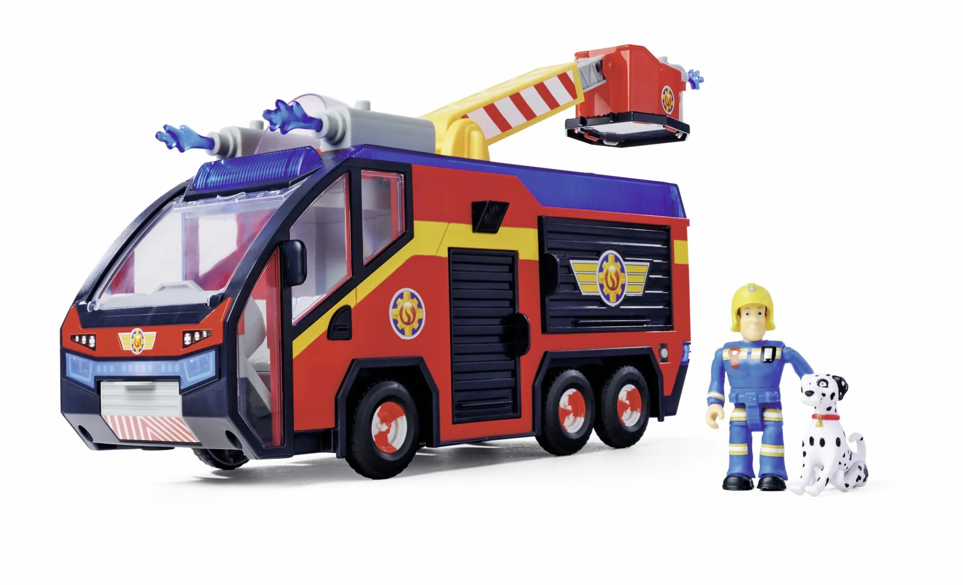Simba 109252595 Figura de Júpiter Bombero, camión de Bomberos, Sam y Radar, Efectos de luz, Sirena, Escalera giratoria, Flechas de Agua, Plataforma para Quad, 32 cm, Accesorios, a Partir de 3 años