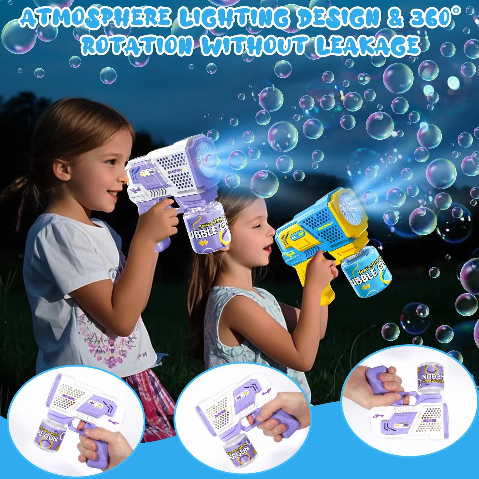 2 Pistolas de Burbujas para Niños, Máquina Automática de Burbujas LED de Jabón 10000+ Burbujas con 4 Soluciones (90 ml), Juguete de Verano, Regalos para Cumpleaños Fiestas, Aire Libre Bodas
