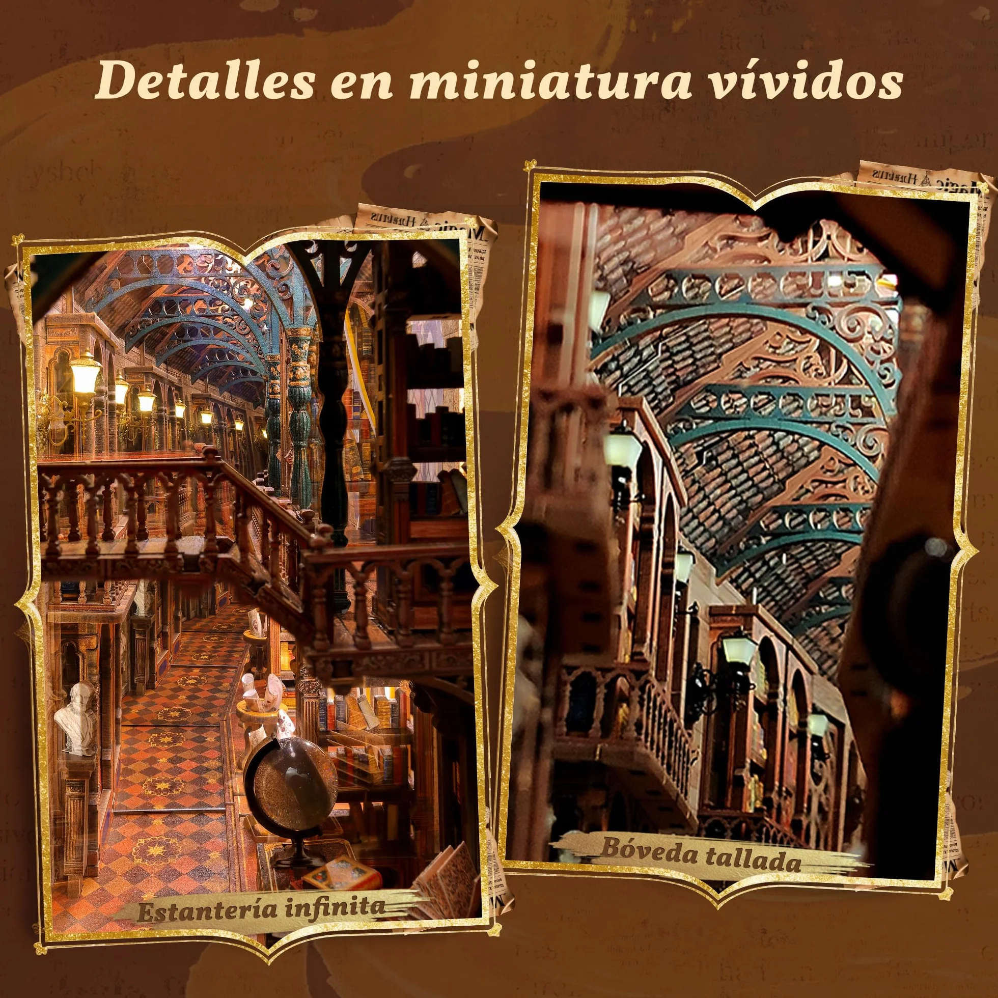 FUNPOLA Magic Library Book Nook Kit – Puzzle 3D de Madera con Espejo Infinito LED – Decoración DIY para estantería