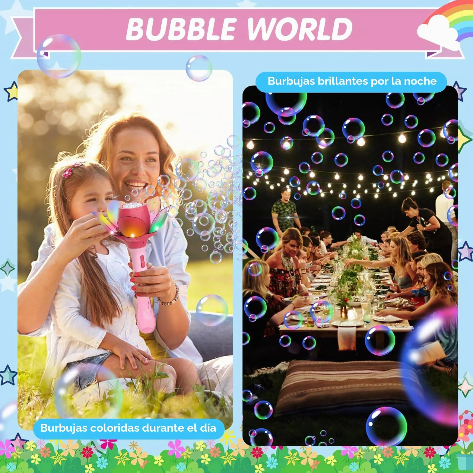 Flor de Loto Máquina de Burbujas, Pistola de Burbujas para Niños 10000+ Burbujas/Minuto, Pistola Pompas de Jabon Niños con 120ml solución y 8X 10ml Concentrado de Burbujas