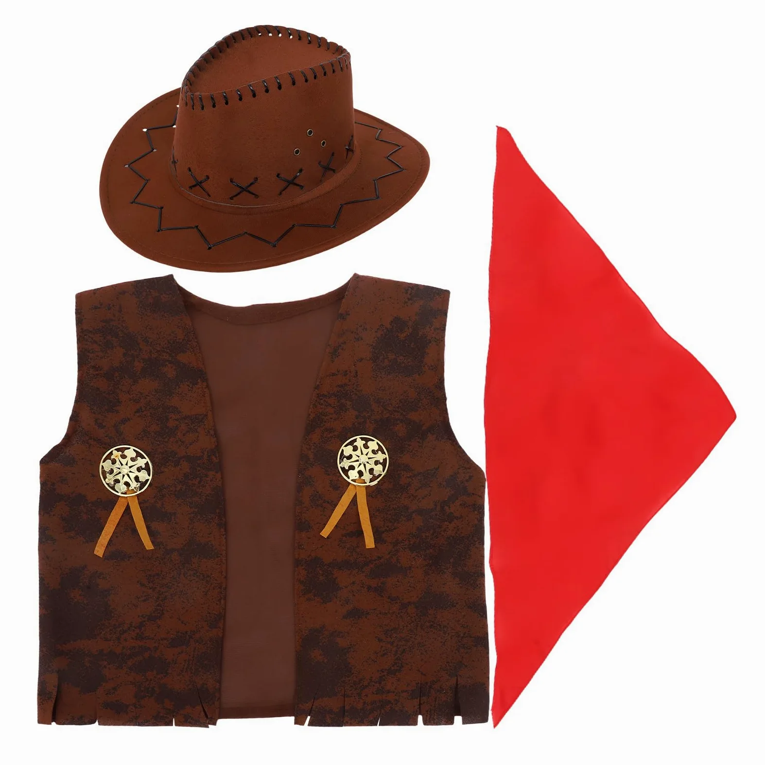 BESPORTBLE Disfraz de vaquero occidental para niños, juego de chaleco, sombrero, pañuelo para el cuello para Halloween, carnaval, fiesta de disfraces, color marrón, talla M (115-130 cm)
