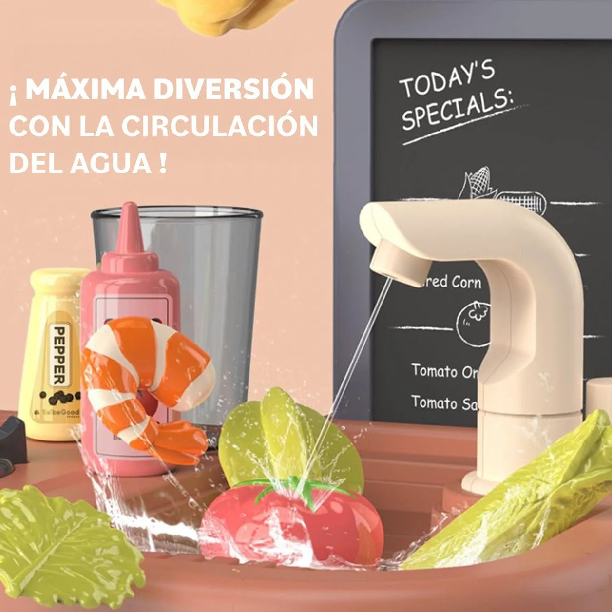 Cocina de Juguete niños Unisex, Incluye 36 Accesorios, fogones eléctricos con simulación de Fuego, Grifo con Bomba de Agua, Pizarra y Mucho más Juguetes + 3 años (Marrón)