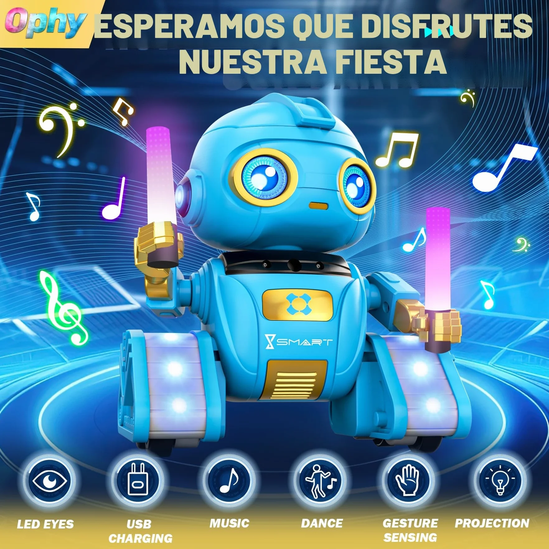 Ophy Robot Niños Juguetes Recargables y Proyectables RC Robot con Ojos LED y Música Juguete RC con Sensor de Gestos para A Partir de 3 4 5 6 7 8 9 10 años Regalo Azul Víspera de Todos los Santos