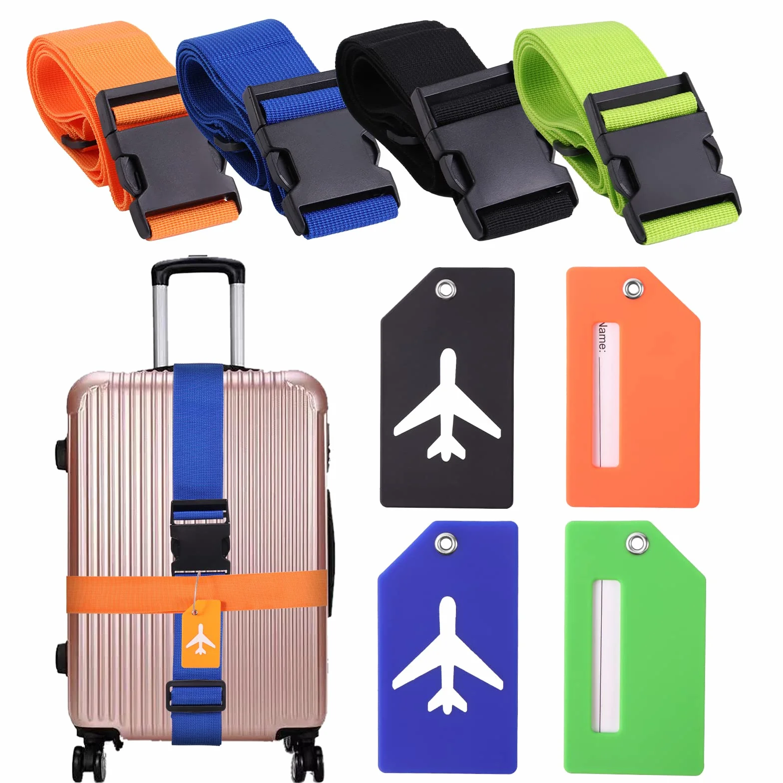 Vinabo 4 Correas de Equipaje Ajustables con Hebilla, 4 Cintas para Maleta de Viaje, 4 Etiquetas de Equipaje con Etiqueta Nominativa y Dirección para Viajar de Forma Segura en Avión y Equipaje Fijo