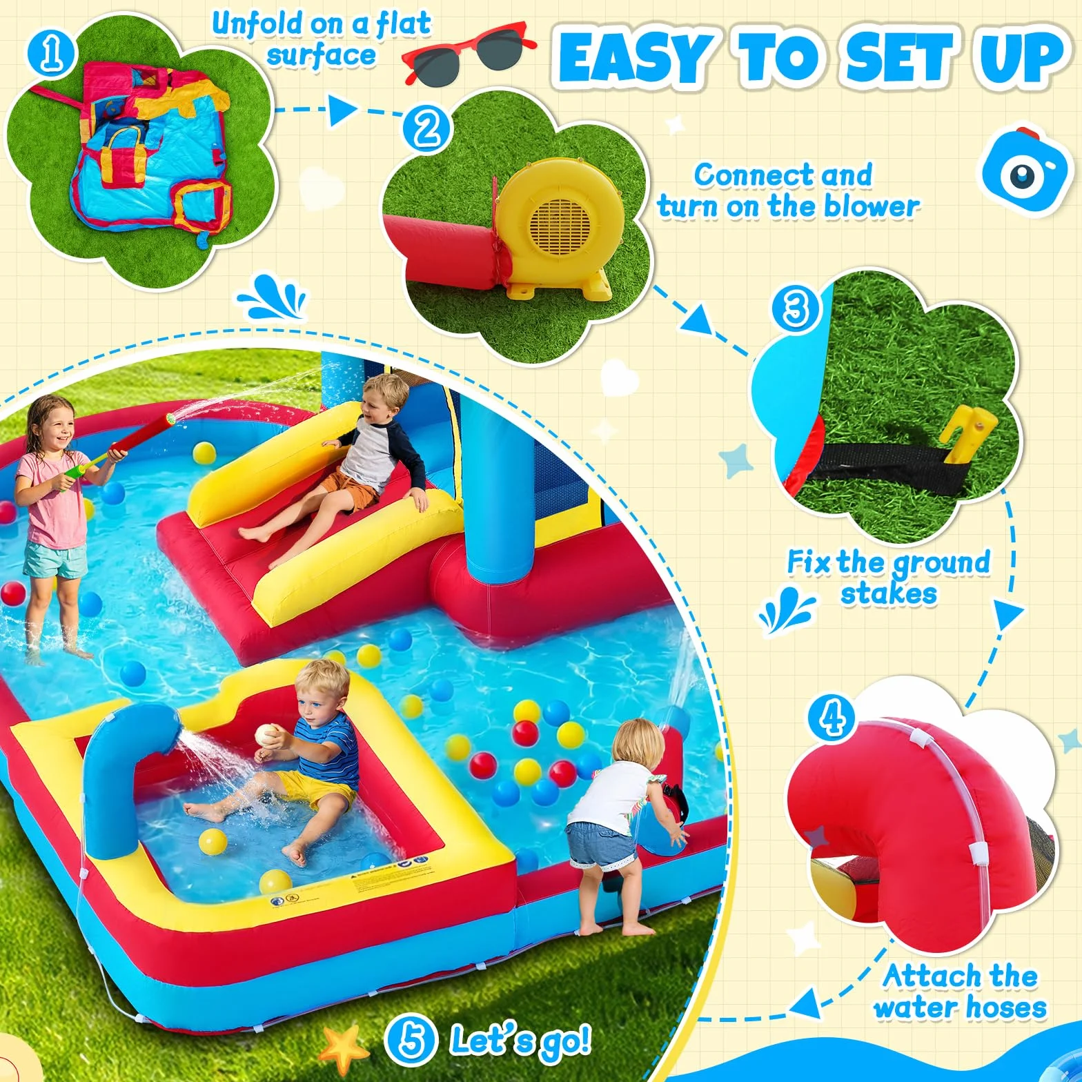 Castillo Hinchable para Niños, 8 en 1 con Soplador 480W, Tobogán Largo, Pared de Escalada, Trampolín y Zona de Chapoteo, Ideal para Uso Interior y Exterior en Vacaciones