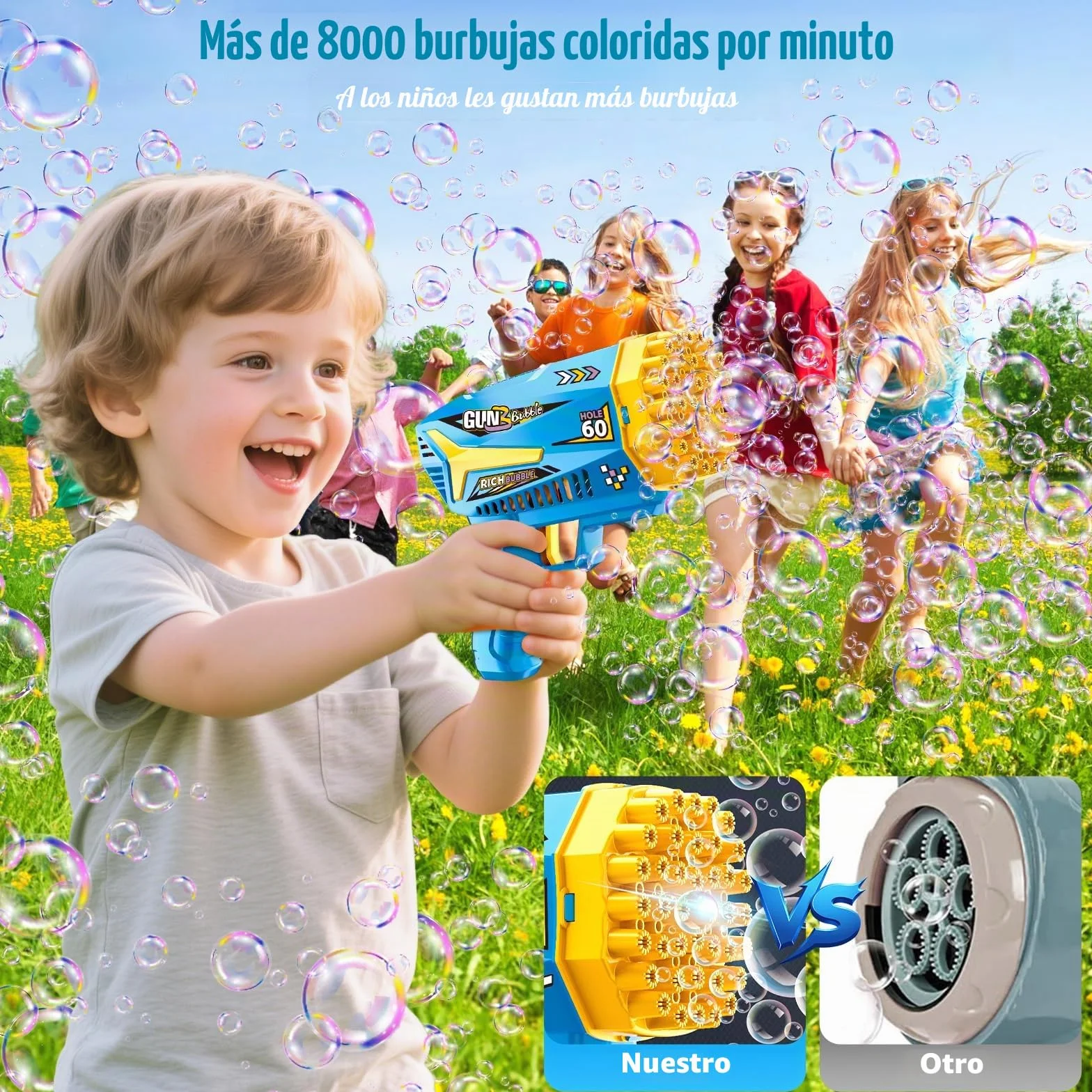 Pistola de Burbujas, 2 Piezas Máquina Automática Pompas de Jabón, con 4 Botellas de solución, 10 Packs Solución de Recarga de Burbujas, para Niños, Adultos, Juguete de Verano