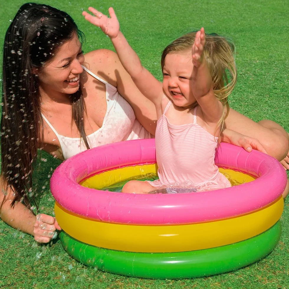 Intex 57107NP - Piscina Redonda hinchable 3 aros +base hinchable 61 x 22 cm, 28 l, Azul, rosa, verde, 1 a 3 años