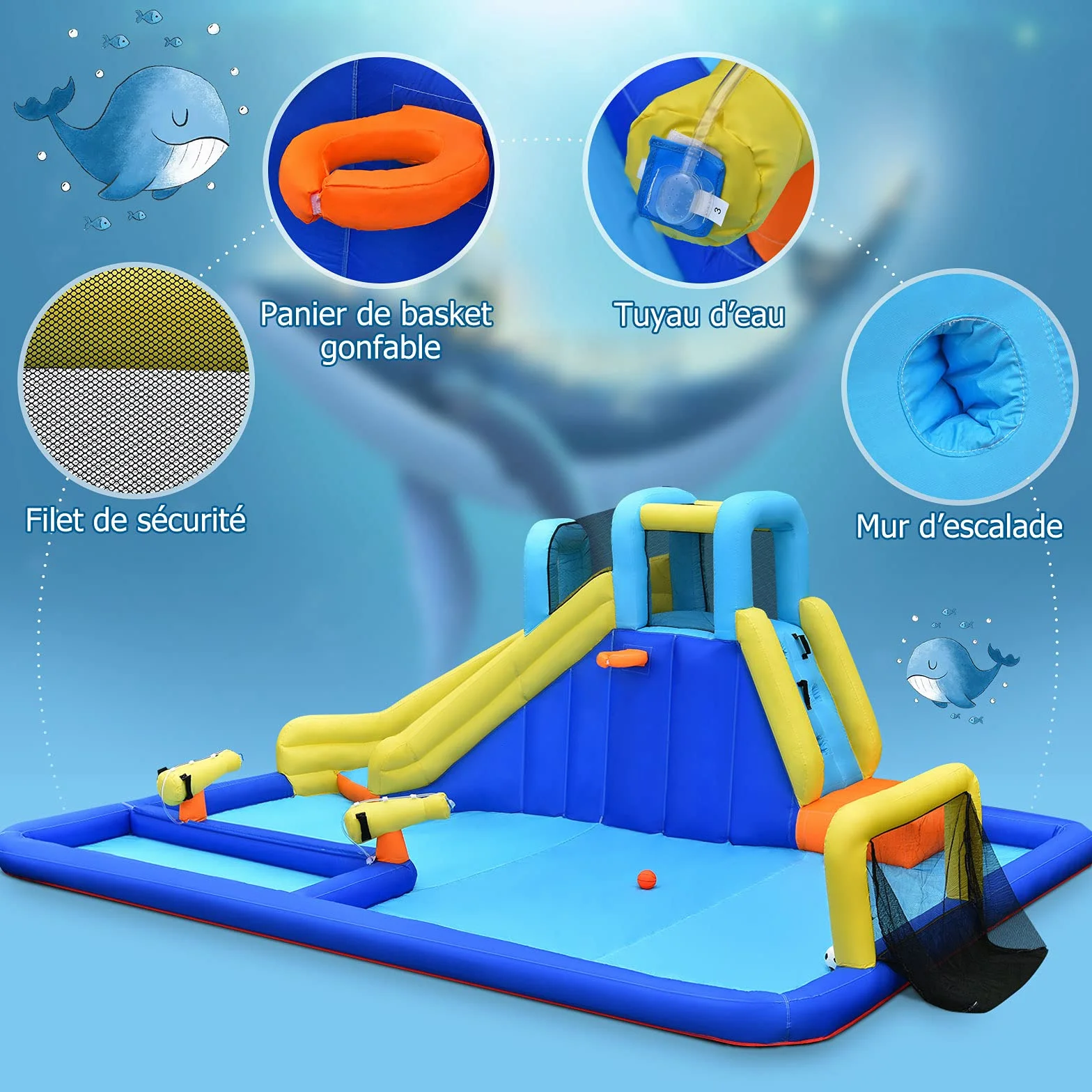 GOPLUS - Castillo hinchable con tobogán y pistola de agua, zona de juegos acuática con entretenimiento múltiple, ideal para niños mayores de 3 años (con soplador de 680 W)
