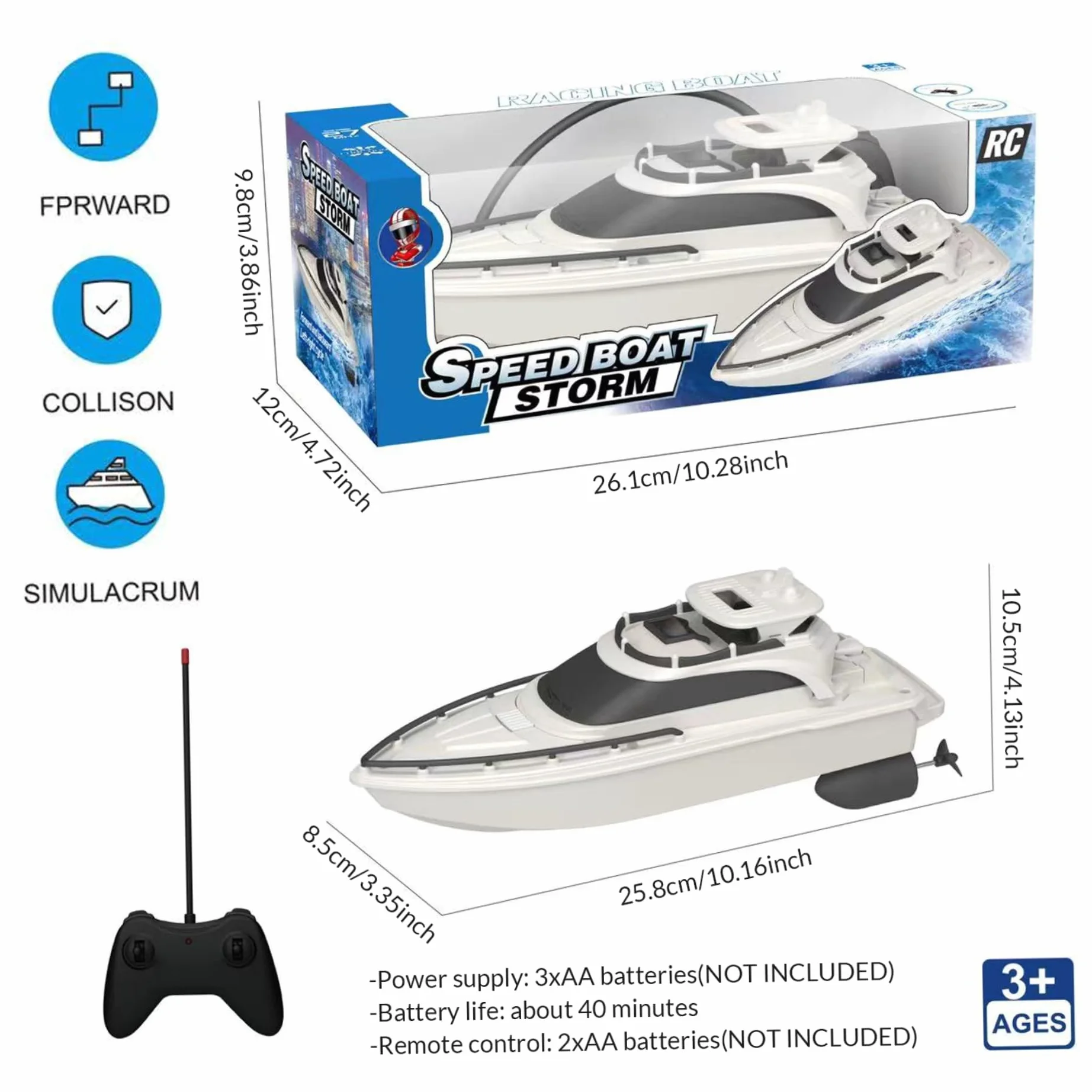 Barco de control remoto para piscina | Barcos de control remoto, barco RC impermeable de 4 vías de 2, 4 GHz, acorazado RC para evitar obstáculos con doble hélice, de yate de simulación con pilas