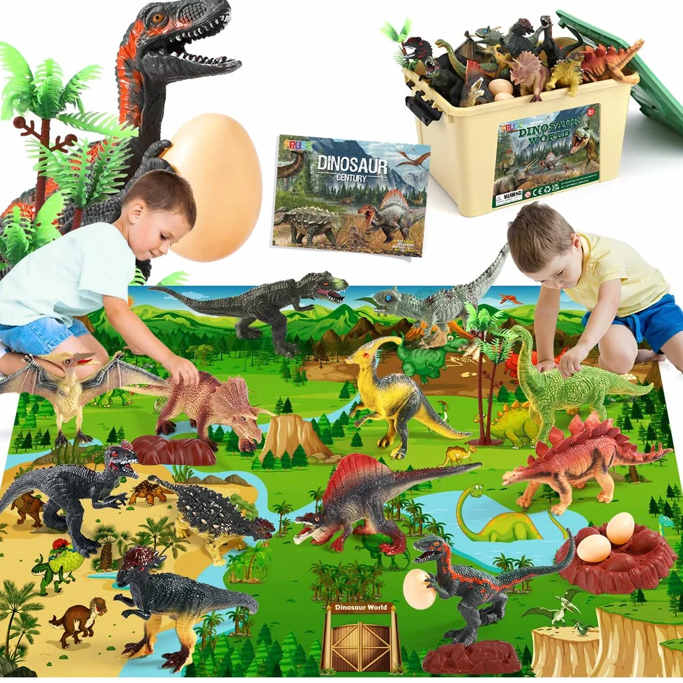 FRUSE Dinosaurios Juguetes con 145x98cm Tapete de Juego,12 Figuras de Dinosaurio Realistas con T-Rex,Carnotaurus,Libro de Dinosaurio,Jurassic Dinosaurios World Regalo para Niños y Niñas 3 4 5 6 7