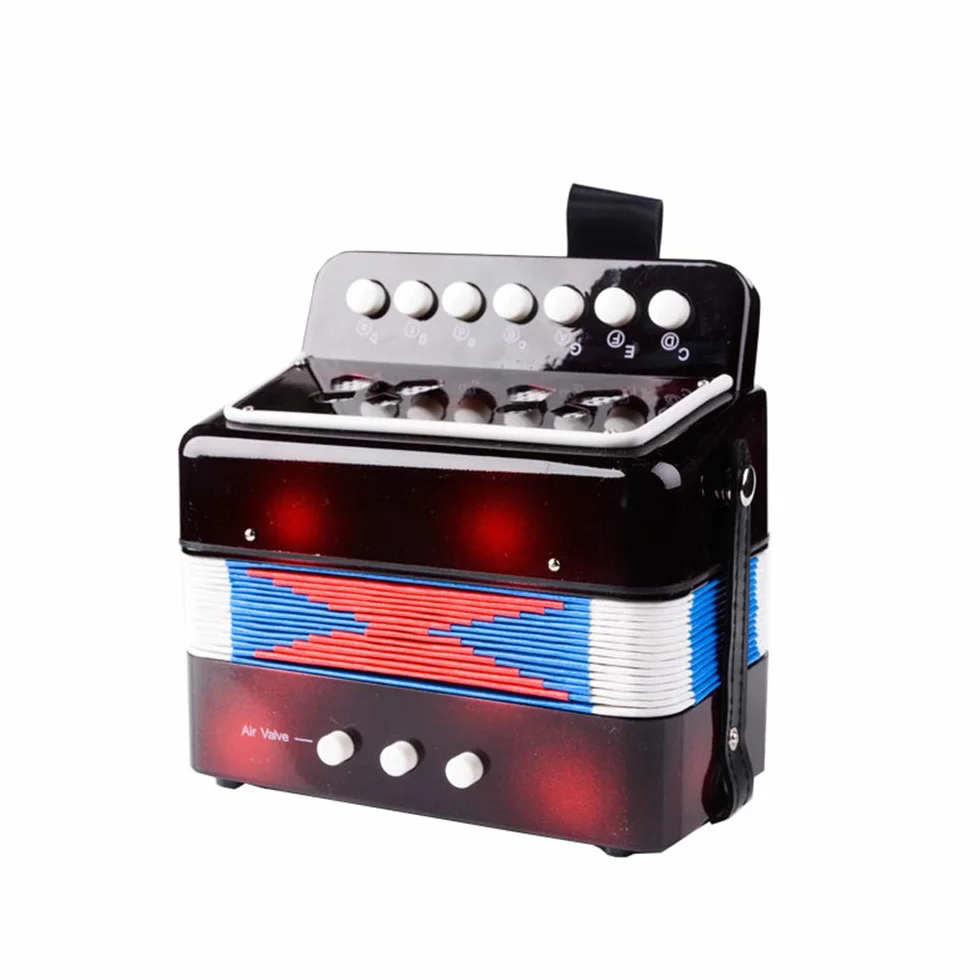 Instrumentos de teclado de juguete de acordeón con botones para niños con 7 teclas de agudos, 3 válvulas de aire, correa de mano, juguete musical (negro)