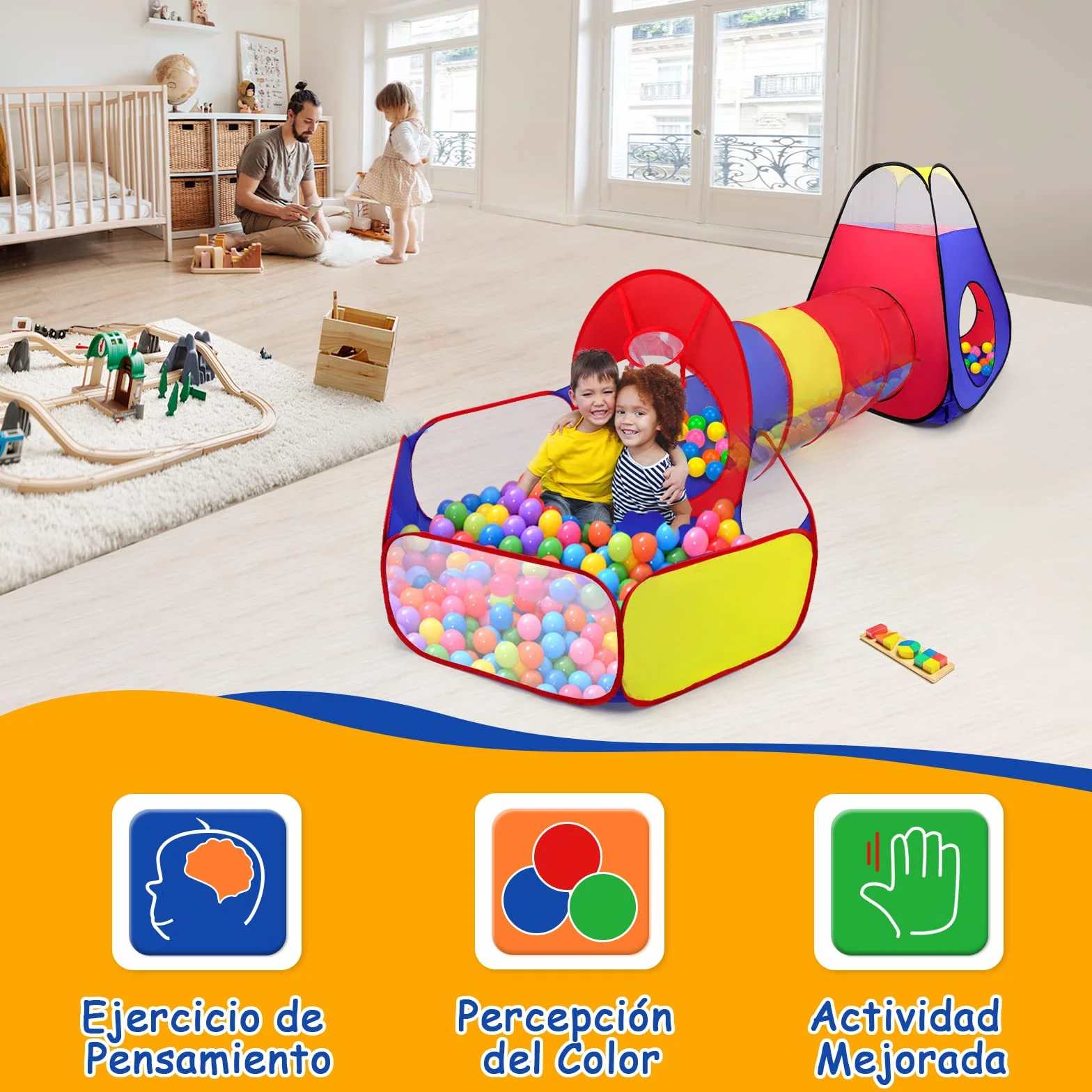 Tienda Campaña Infantil + Piscina de Bolas + Túnel Plegable 3 en 1 Pop Up, Opret Parque de Bolas Exterior o Interior, Juego de Regalo para Niños (No Incluye Las Bolas)