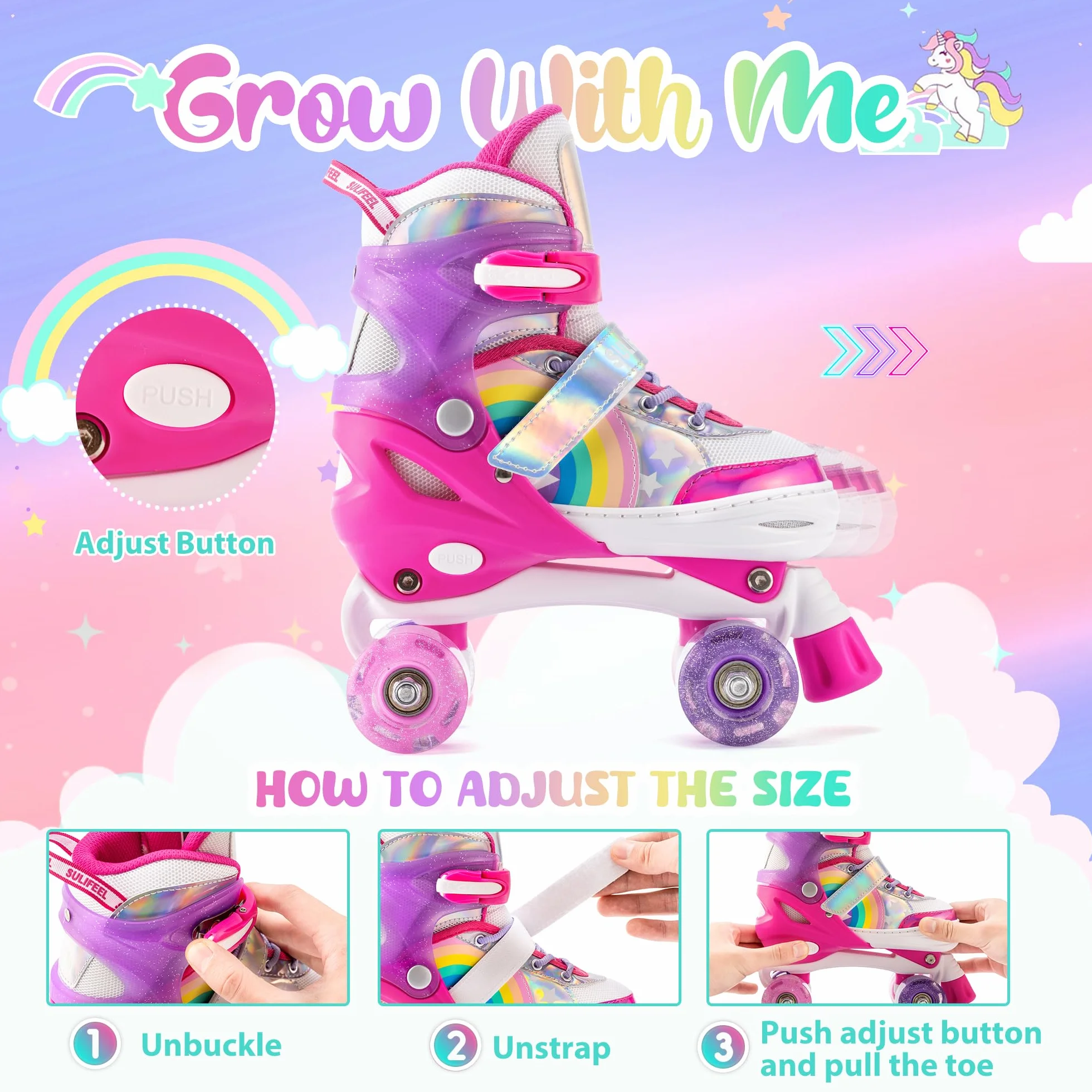 Sulifeel Rainbow Unicorn Patines Roller con Luces Ajustables para Niñas