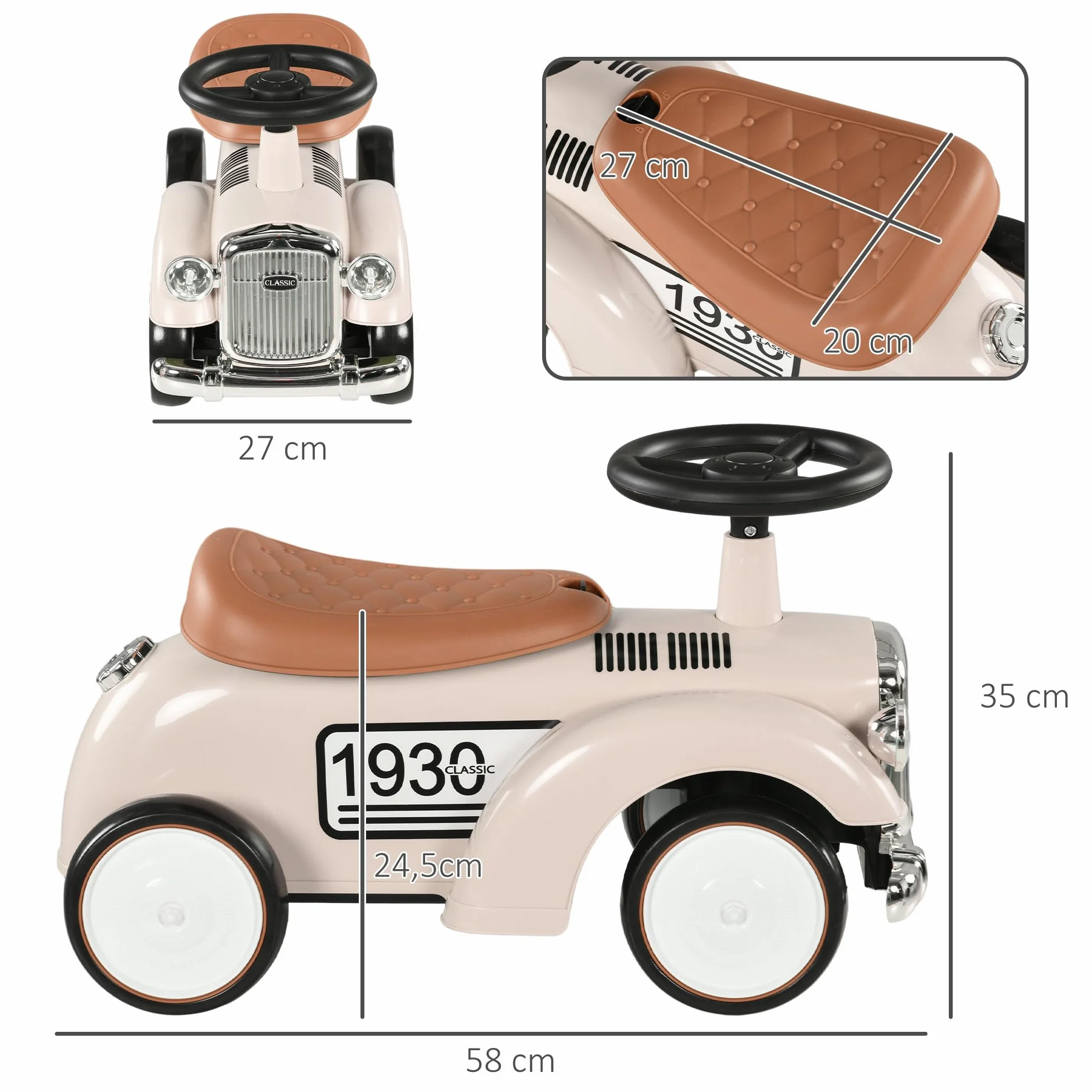 AIYAPLAY Correpasillos para Bebés de 12 a 36 Meses Coche sin Pedales con Bocina Compartimento de Almacenaje y Volante para Interior y Exterior 58x27x35 cm Crema