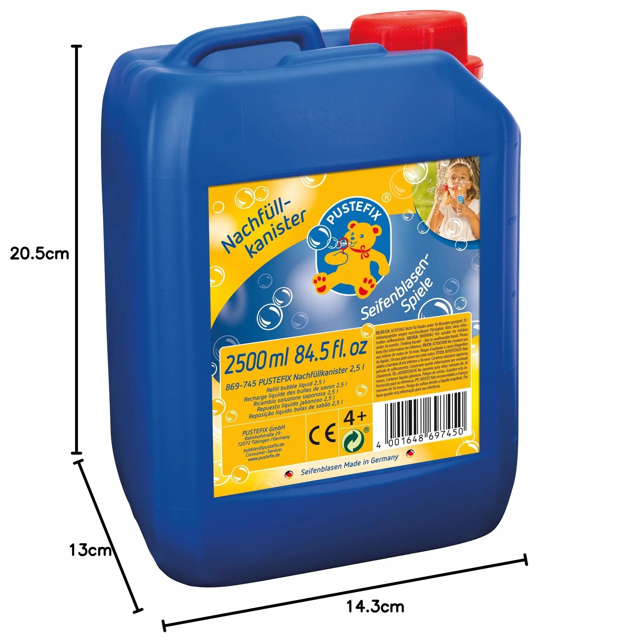 PUSTEFIX Bidón de Recarga I 2,5 l de líquido para Burbujas I Burbujas de Colores I Burbujas para Bodas, cumpleaños Infantiles, Festivales de Verano
