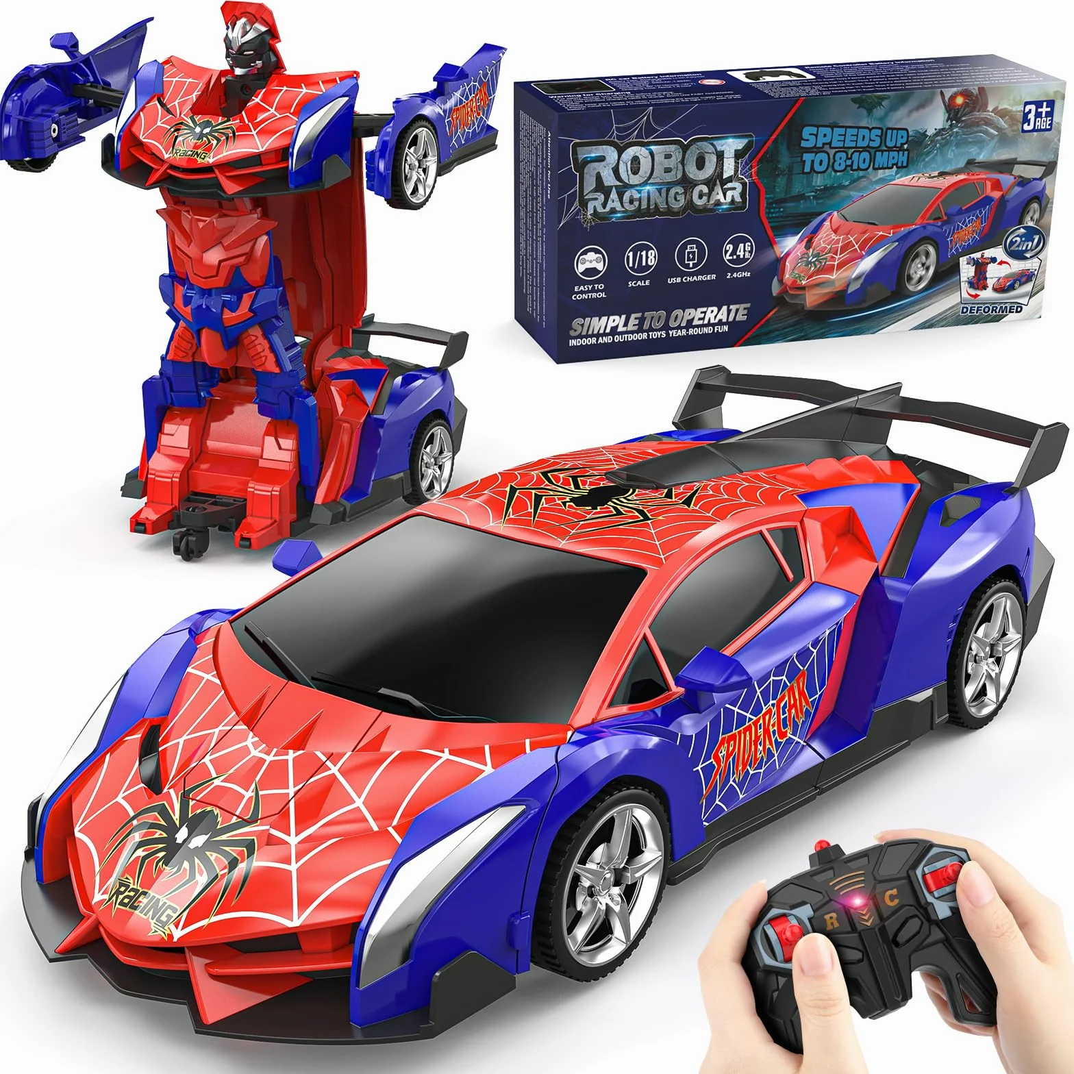 Coche Teledirigido Robot, Spider Transformar RC Carro Radiocontrol Remote Car Juguete Niños Niñas 3 4 5 6 7 8 9 10 Años 2.4GHz Modelo Escala 1/18 Recargable, Juego Vehículo Regalos Cumpleaños Navidad