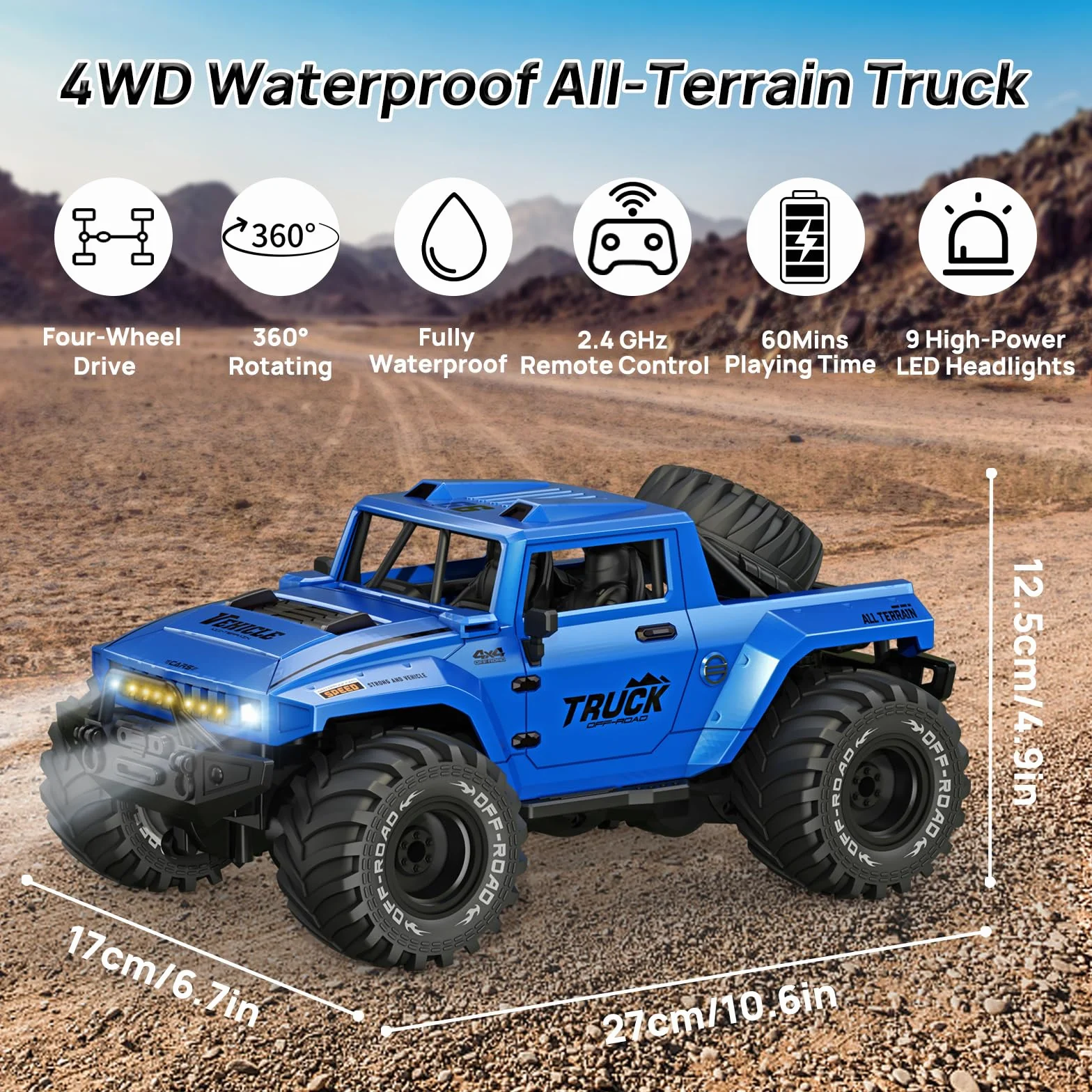 Coche Teledirigido, Anfibio Coches RC 1:16, Monster Truck teledirigidos Impermeable, Vehículo Acrobacias RC Car con Rotación de 360° y luz LED para Adultos niños