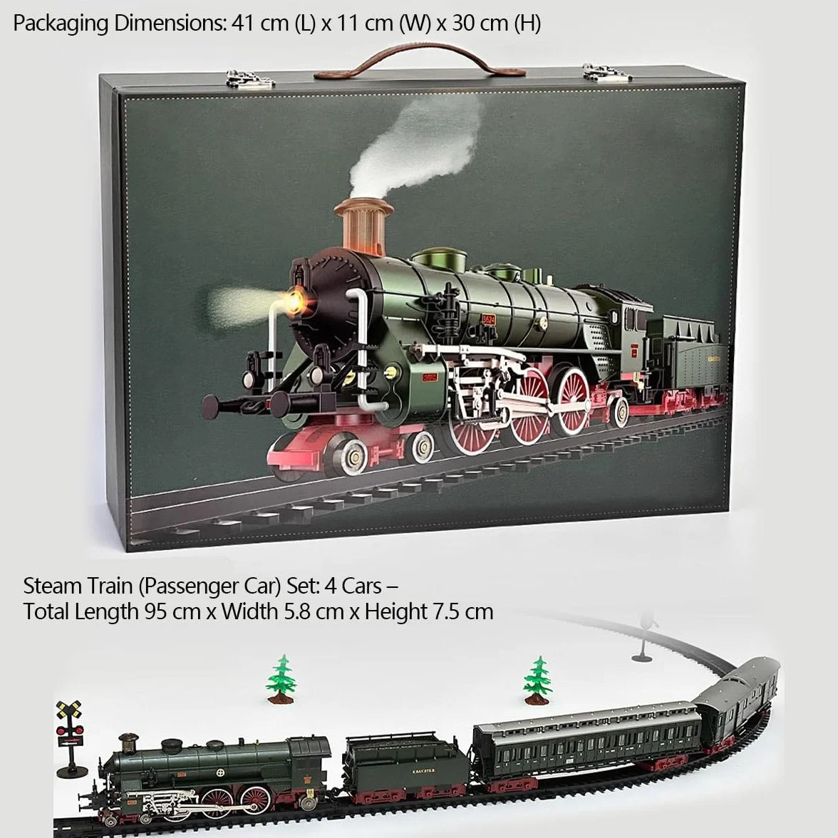 Juego de tren eléctrico modelo locomotora aleación con vagón vía larga control silbato humo Modelo 22920 Verde oscuro