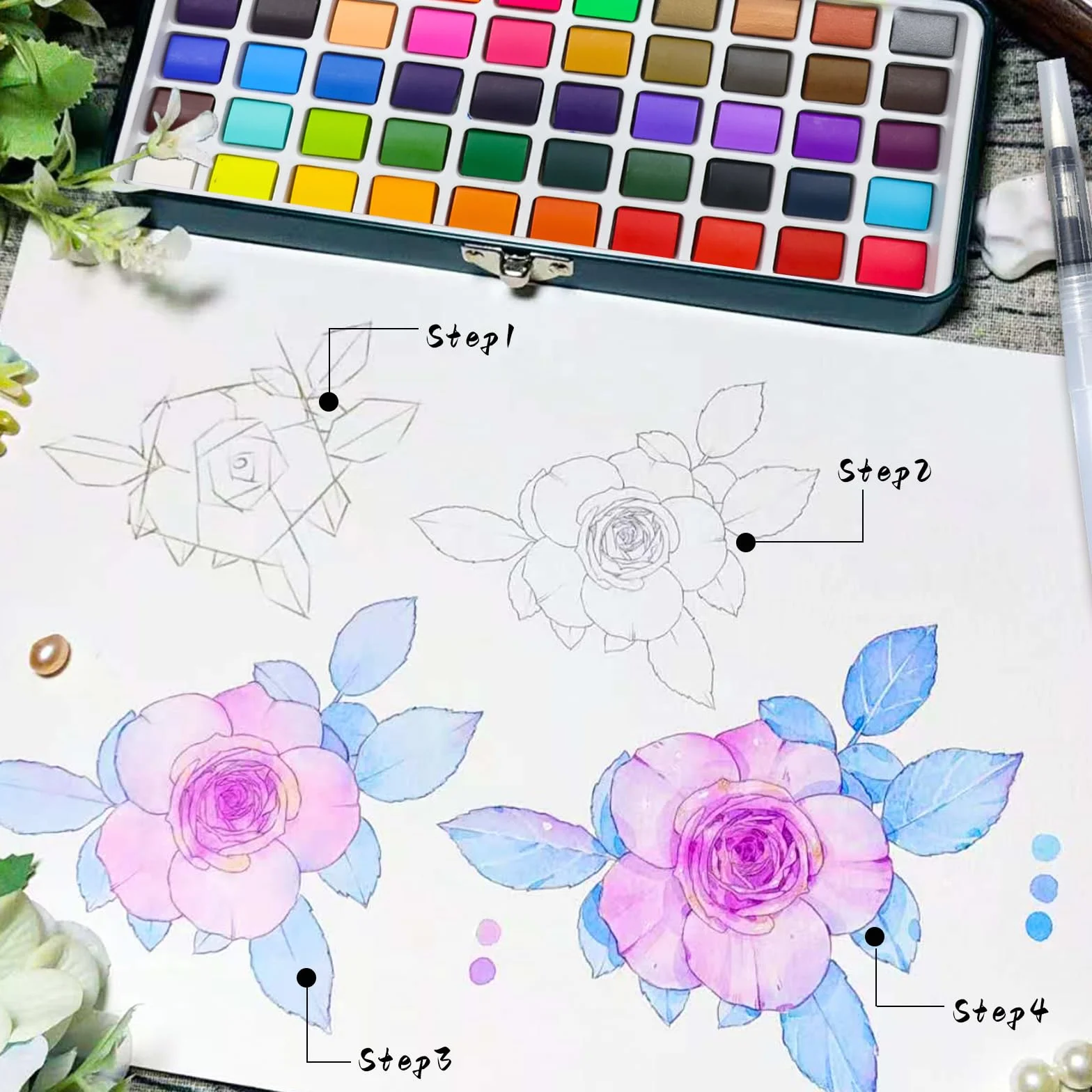 Artecho Juego de pintura de acuarela de 128 colores en caja portátil con paleta de acuarela, papeles de acuarela y pinceles, ideal para adultos, artistas y aficionados