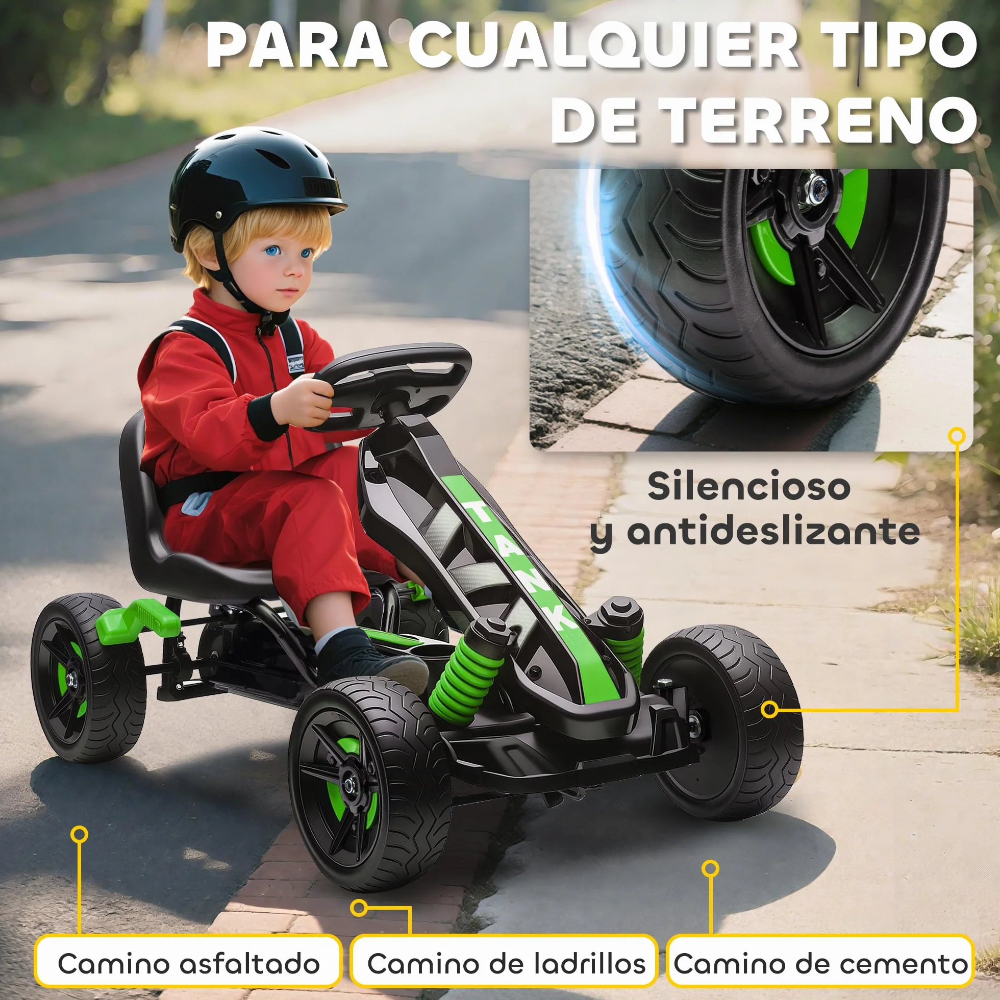 AIYAPLAY Kart Pedales para Niños de +3 Años Go Kart con Embrague Automático Freno Ruedas Antideslizantes de EVA y Marco Metálico Carga 50 kg Verde