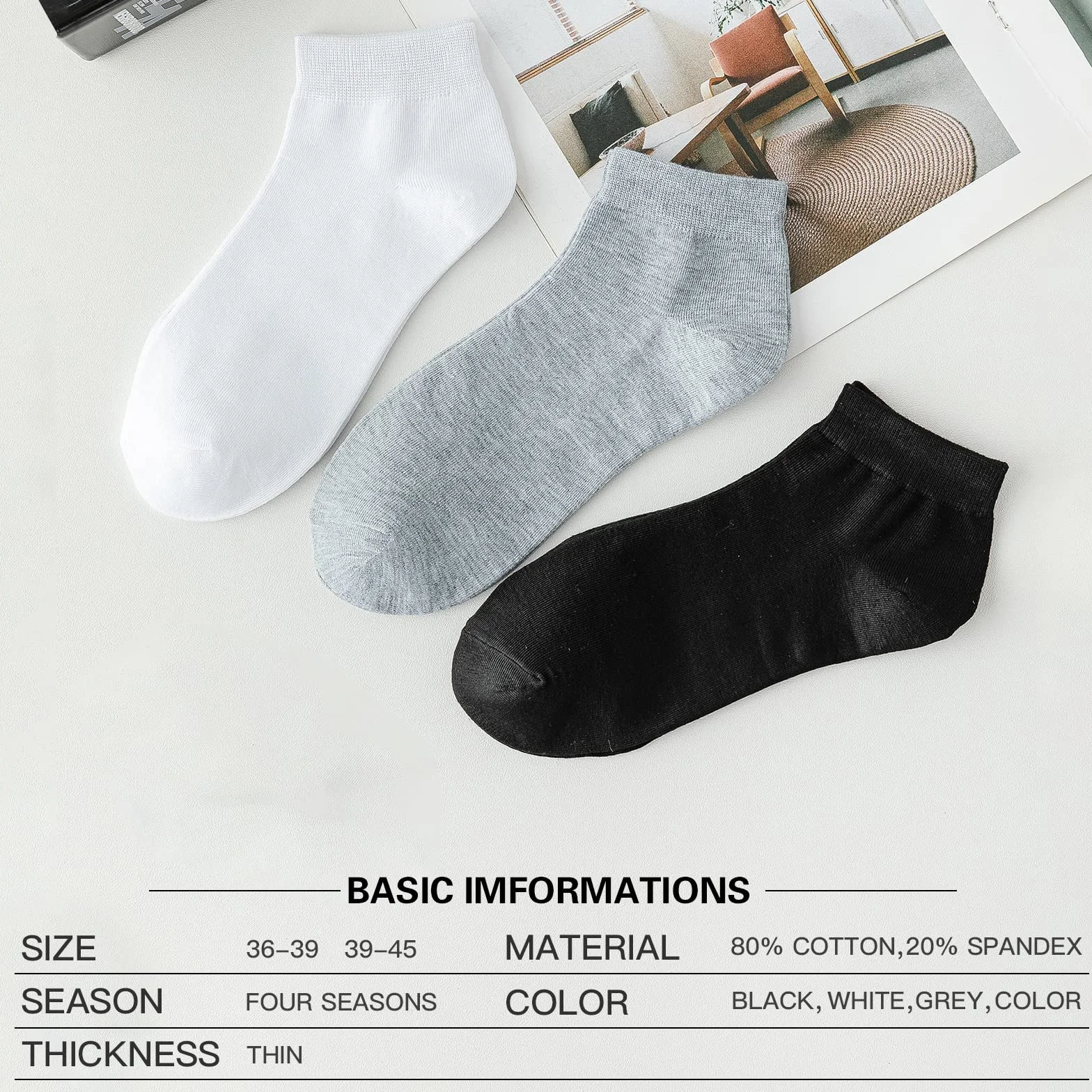 Caudblor 12 Pares Calcetines de Corte Bajo de Algodón para Hombres y Mujeres Blanco Gris Negro