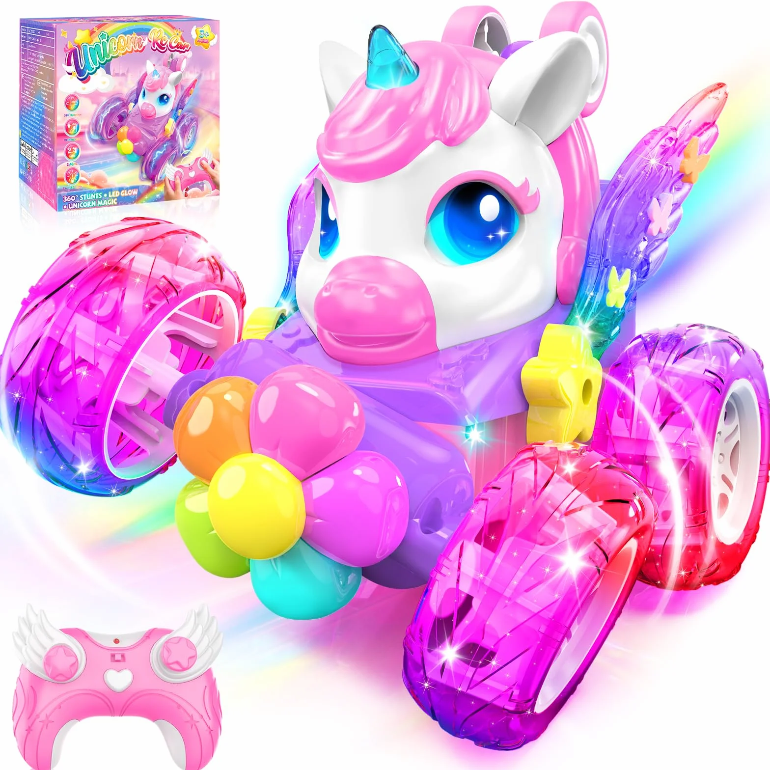 Unicornio Coche Teledirigido Niños 3-12 Años, 2,4Ghz RC Car Radiocontrol con Luce & 360° Rotación, Unicornio Juguete Regalo Niña 3-12 Años Juego Niña 3 4 5 6 7 8 9 10+ Años de Cumpleaños Navidad
