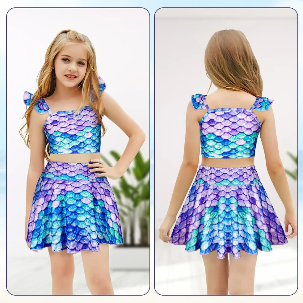 Conjunto de Bikini para Niñas 3 Piezas Traje de Baño con Volantes y Falda Bañador Infantil Playa