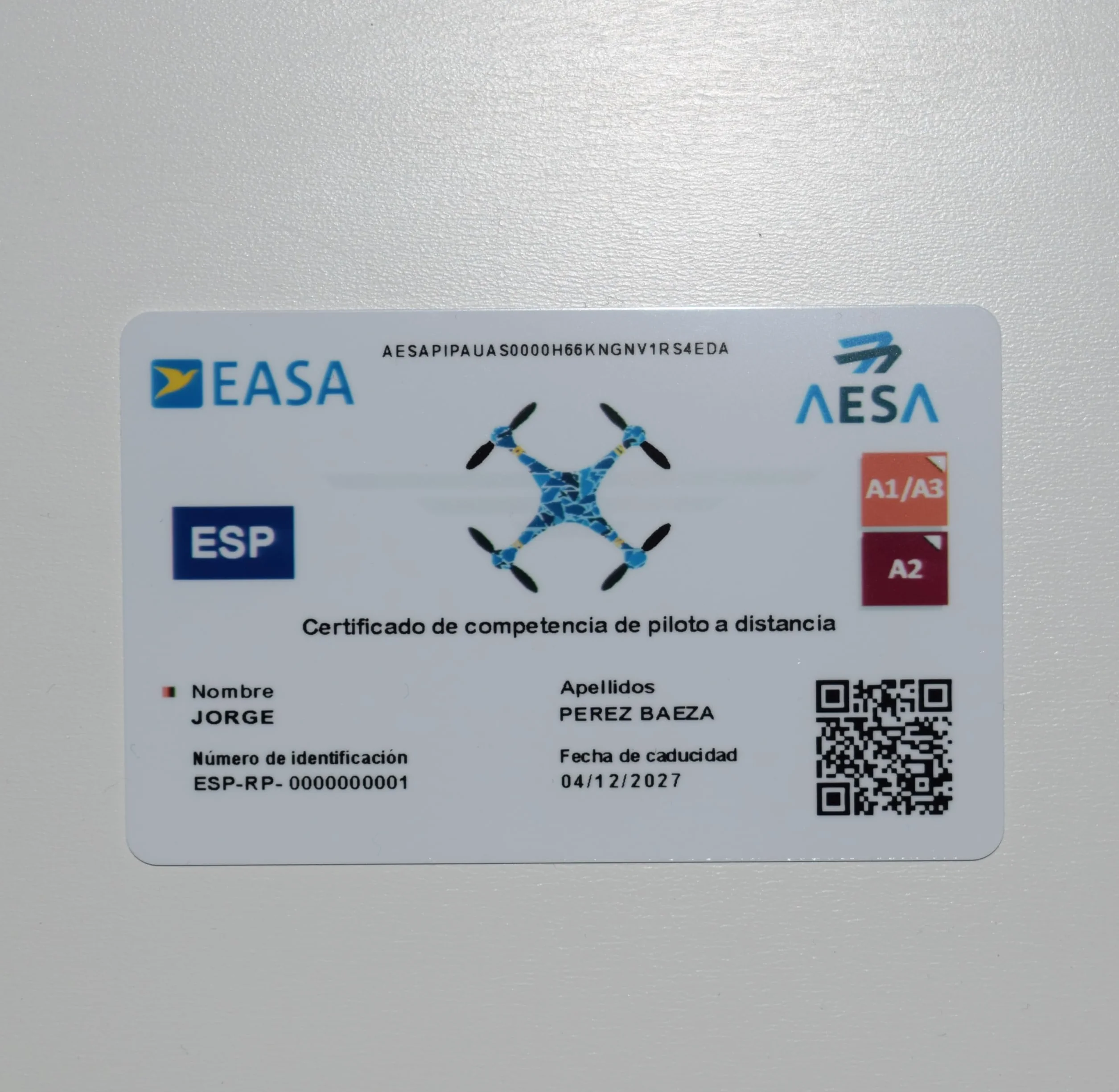 Tarjeta de PVC EASA Impresión Doble Cara Certificado de Piloto de Drones A1/A3 A2 STS