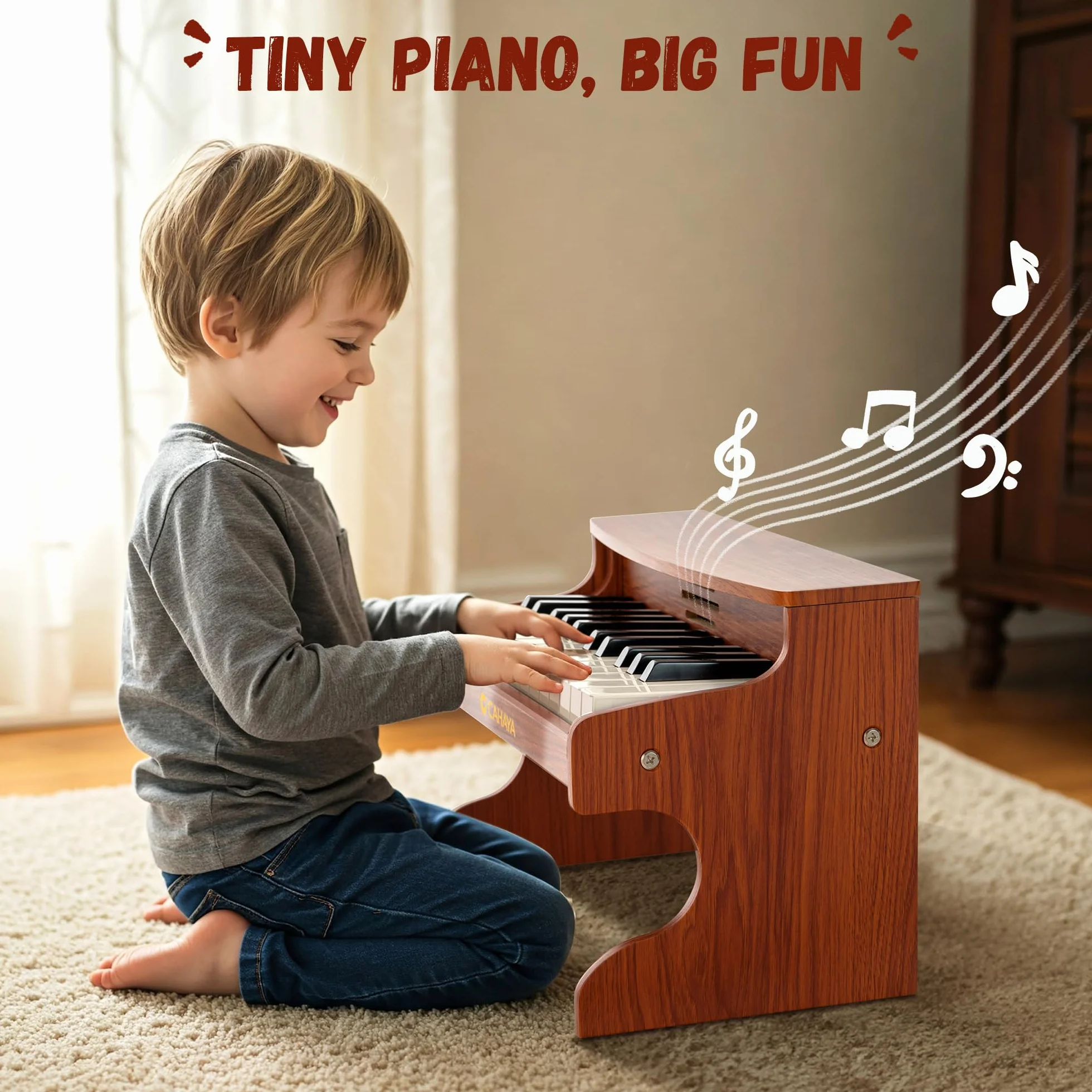 CAHAYA Piano Infantil de 25 Teclas - Piano Eléctrico para Niños de Madera con Partituras de Pianos y Pegatinas Indicadoras de Notas El Regalo Ideal para Jóvenes Músicos