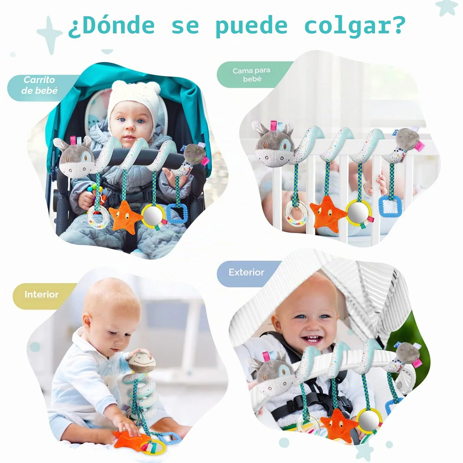 Vicloon Colgantes para Cochecitos Juguetes para Bebé de 0 a 24 Meses, Juguetes de Peluche en Espiral para Bebé con Mordedor y Sonajero, para Cochecitos/Cunas/Asientos de Automóviles (Burro)
