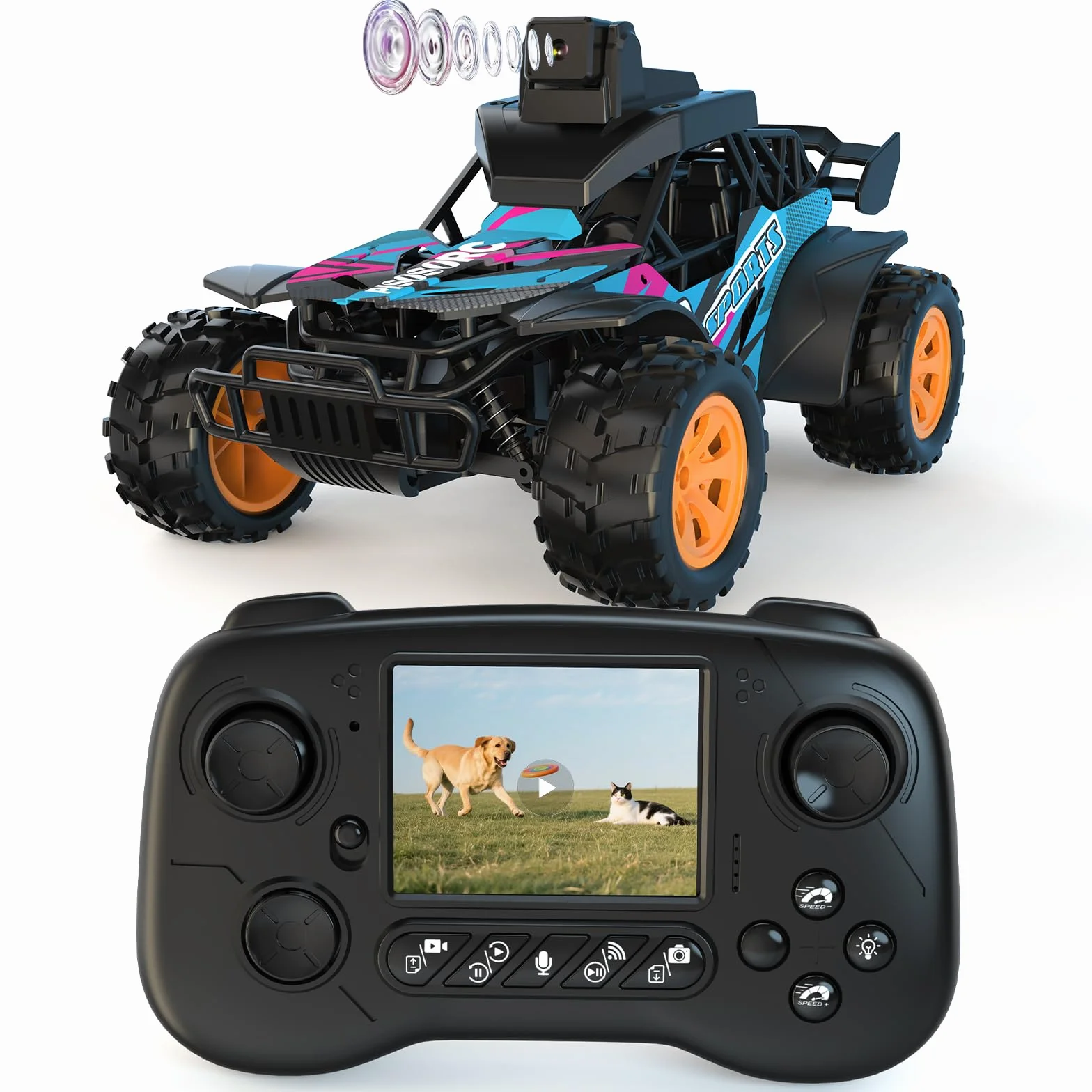 Coche RC con Cámara, 2.4GHz con Pantalla LCD de 2.8" y Cámara Ajustable de 60°, Video en Vivo, Control Dual App/Radio, 2 Velocidades, Recargable para Todoterreno, Regalo para Niños y Adultos