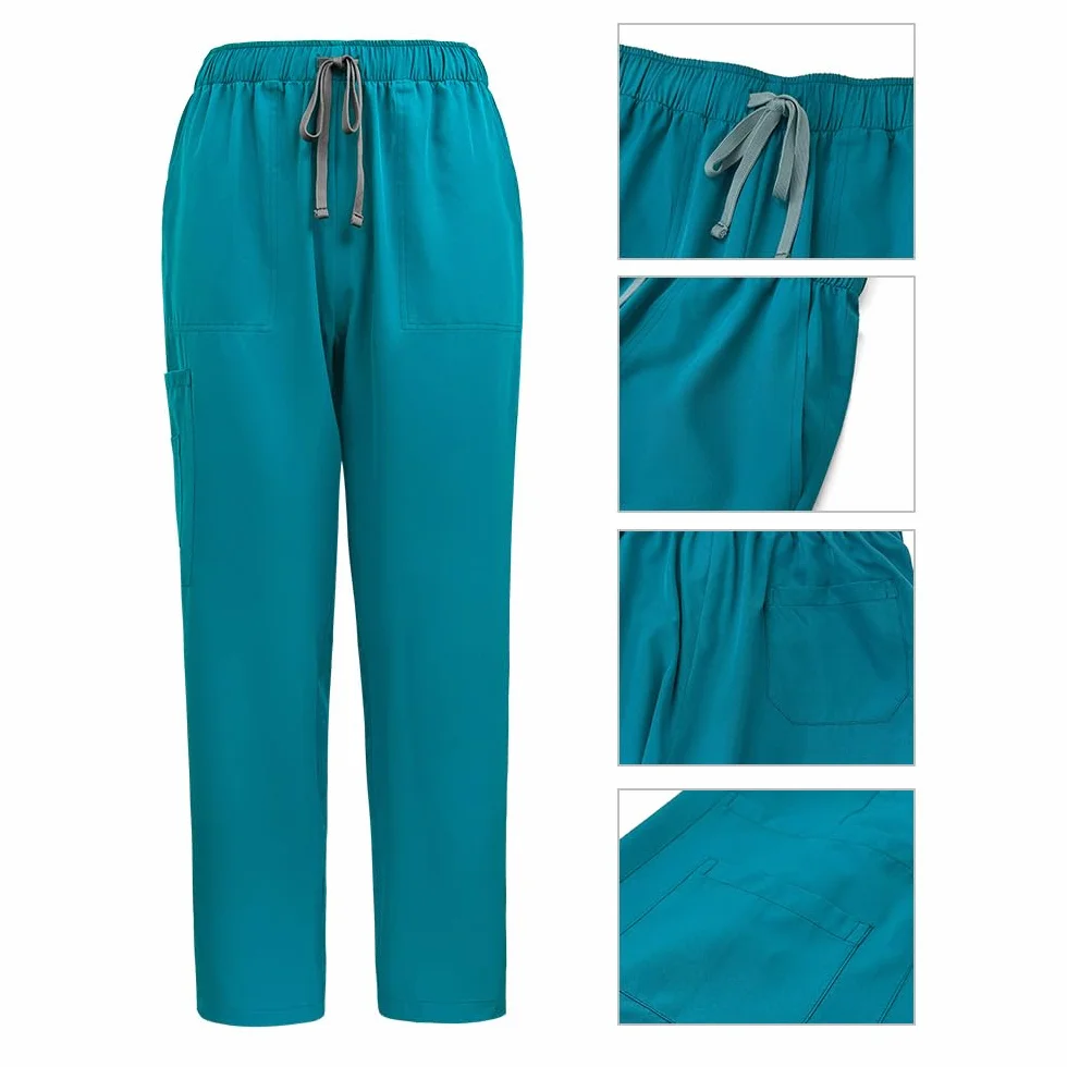 Set de uniformes médicos para mujer DK50 con cuello en V y cremallera, cuatro bolsillos, pantalón de yoga elastizado