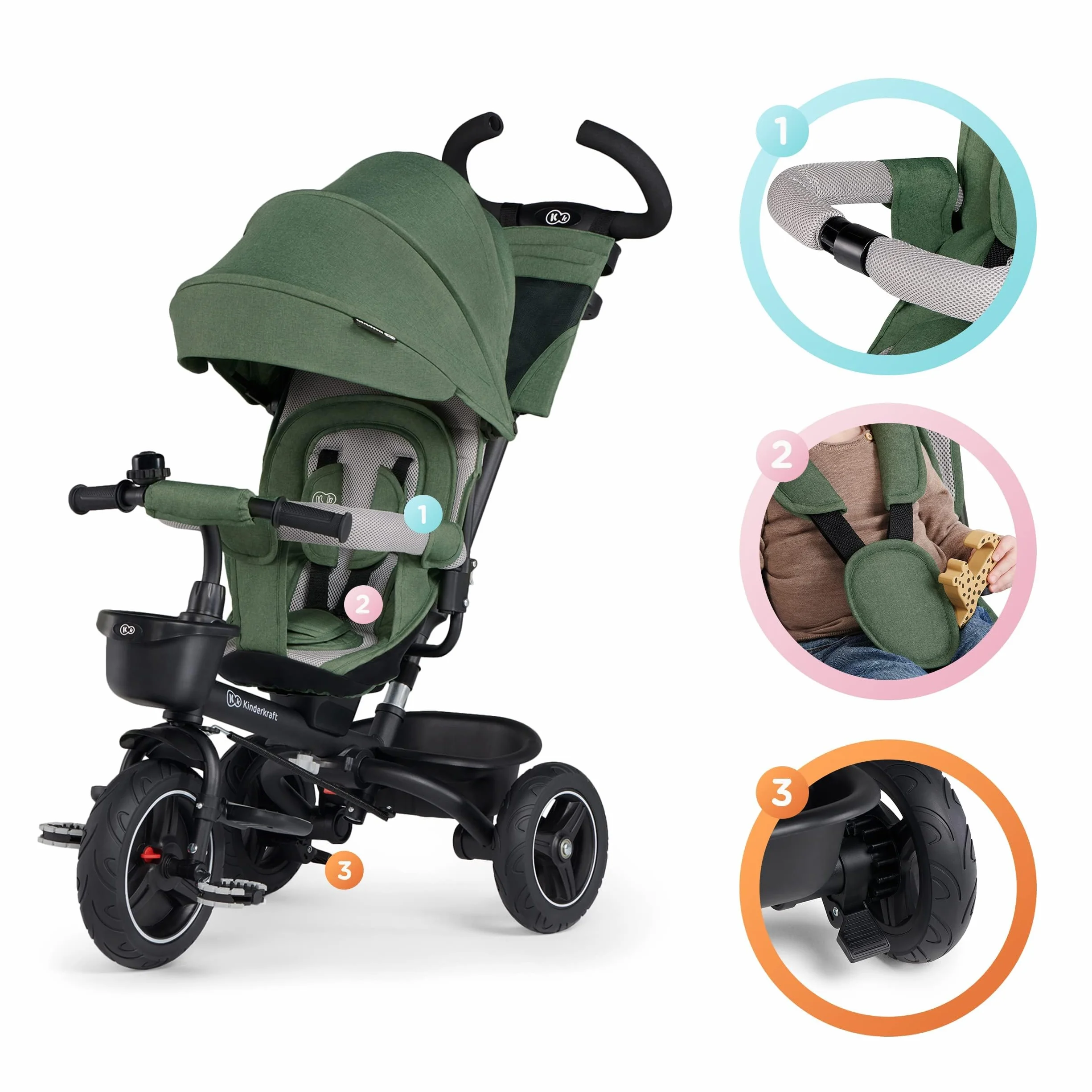 Kinderkraft SPINSTEP Triciclo Evolutivo Bebé 5 en 1 de 9 Meses a 5 Años, Bicicleta para niños, Plegable y reclinable, Capota Impermeable con Filtro UPF 50+, Asiento Giratorio 360 Grados, Verde