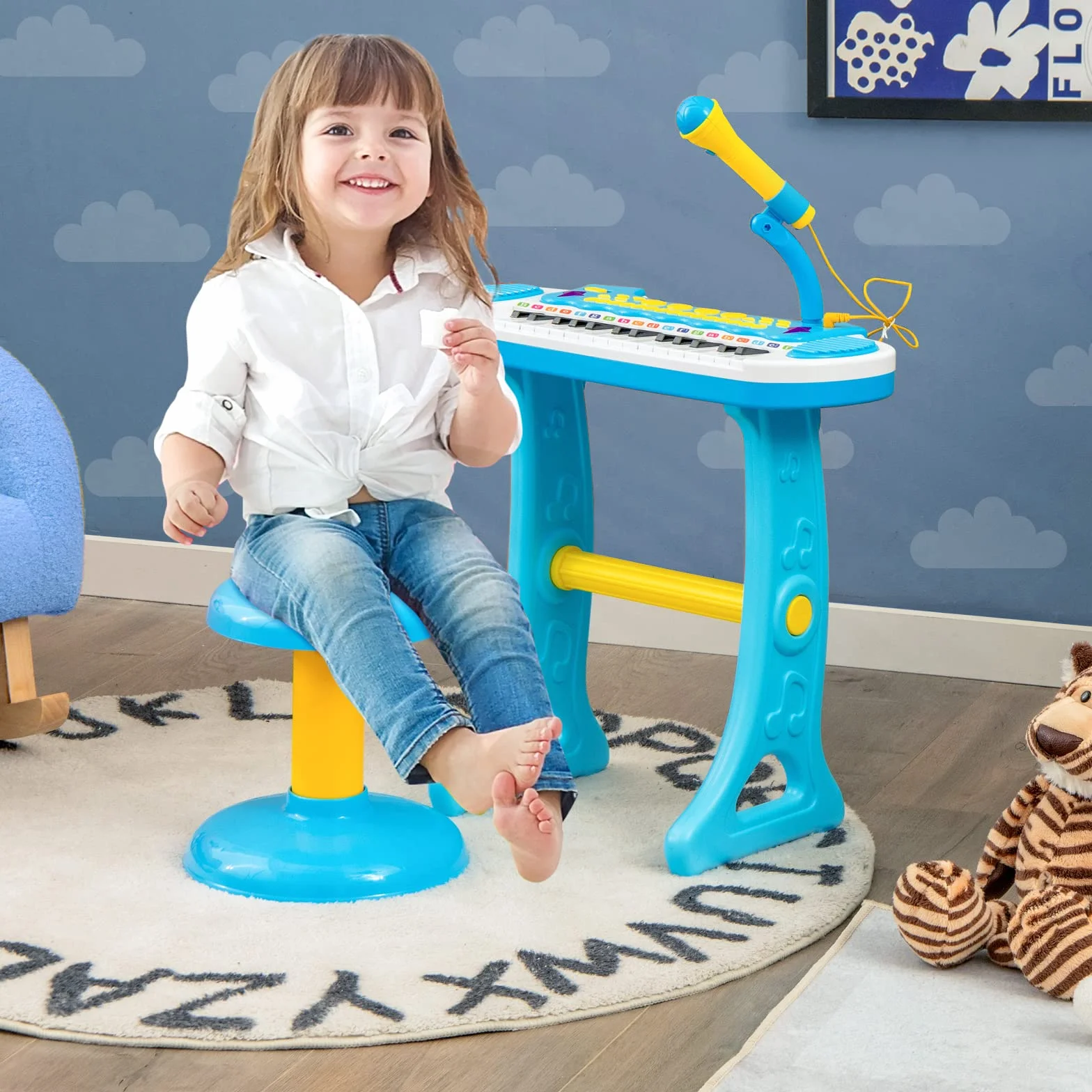 COSTWAY Teclado Piano Infantil de 31 Teclas, Juguete Musical Piano Infantil para Niños con Efectos de Luz, Múltiples Sonidos, Micrófono y Taburete, Órgano Electrónico Educativo para 3＋Niños (Azul)