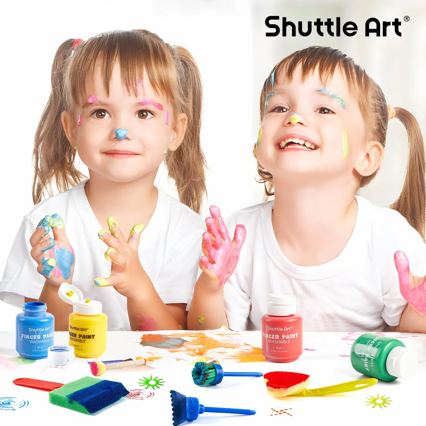 Shuttle Art Pintura de Dedos para Niños, 53 Piezas Kit Pintura Niños, 14 Colores Pintura Dedos Bebe No Toxica, Juego Completo de Herramientas, Pincel, Tampón de Pintura, Esponja, Paleta, Bata