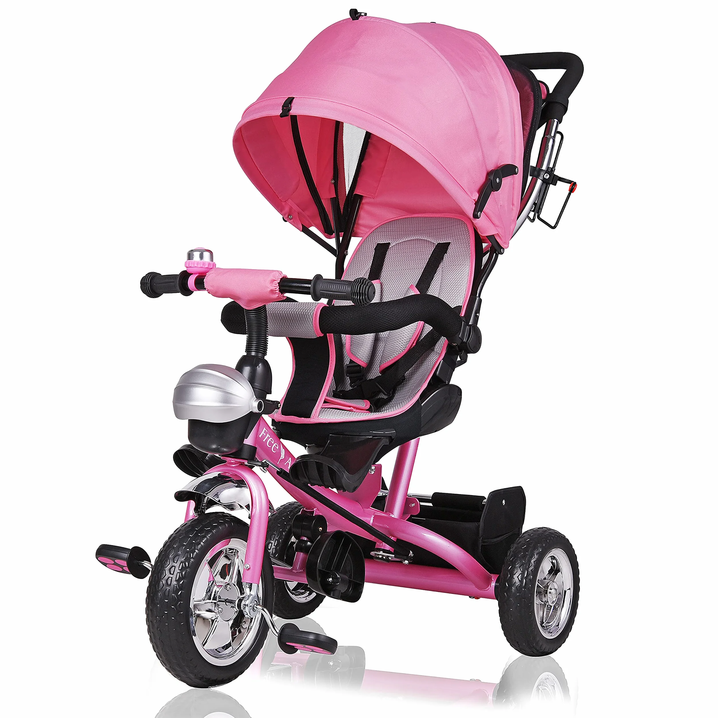SPIELWERK® Triciclo Evolutivo Bicicleta Niños Carga Máxima 30Kg Cochecito Bebe Pedales Reposapiés Barra de Empuje Techo Plegable Portavasos Rosa