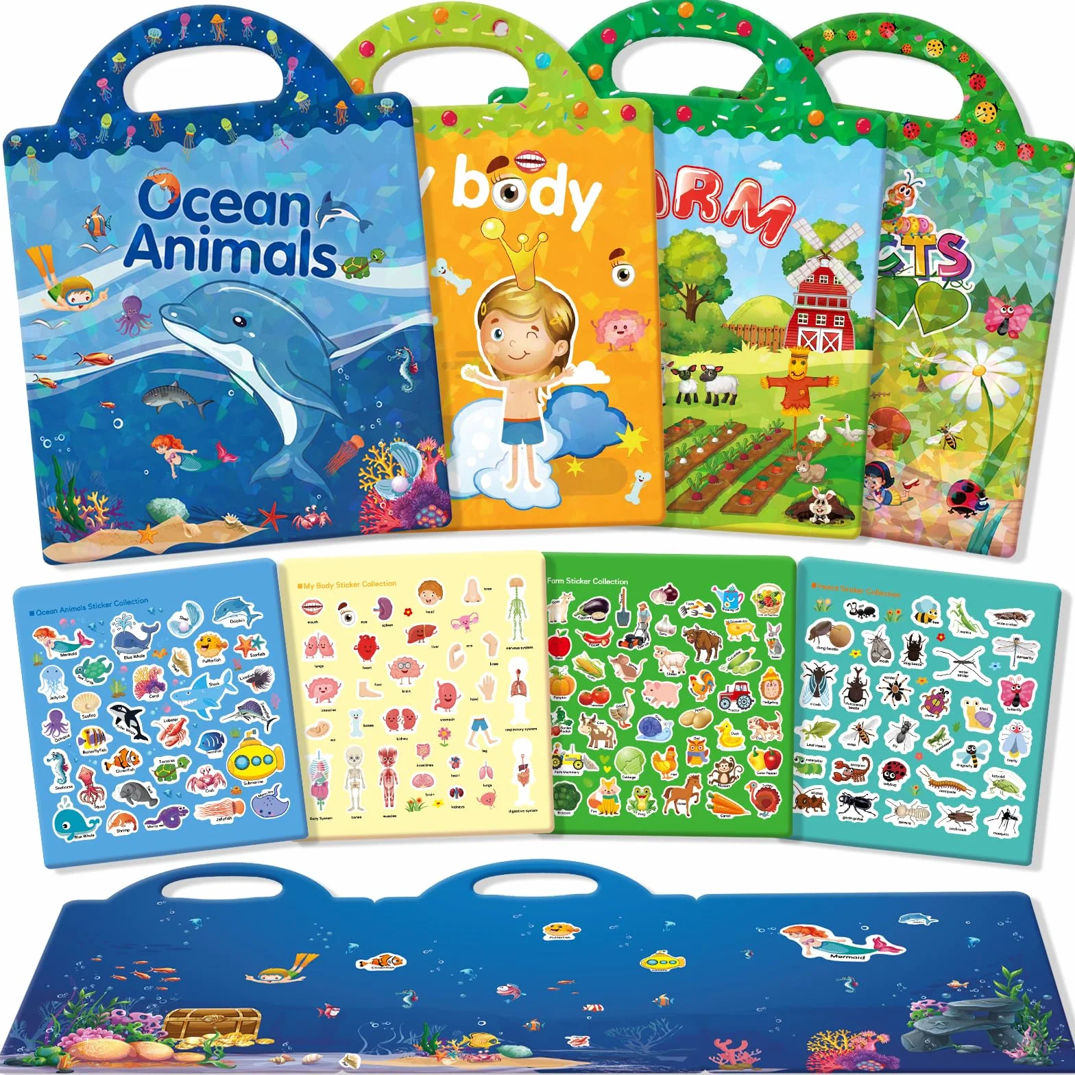 GUYUCOM Paquete de 4 libros de pegatinas reutilizables, juguetes para niños de 2, 3, 4 años, pegatinas 3D transparentes para granja de insectos oceánicos, juguete educativo, regalos de cumpleaños