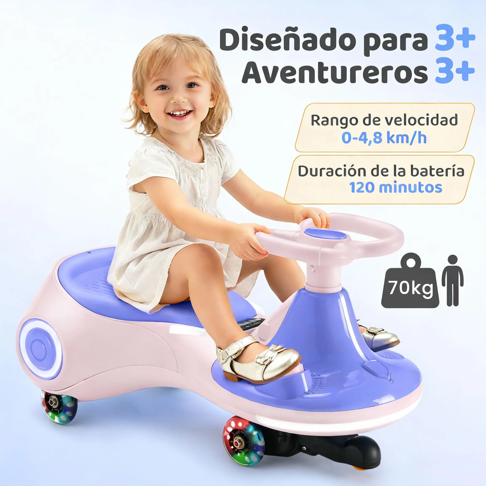 Coche eléctrico Infantil 12V, Juguete montable 3 en 1 con Pedal, batería Recargable, 3 Modos, antivuelco, Ruedas Luminosas, música, Edades 3-8 años, 30-70 kg, Rosa Morado