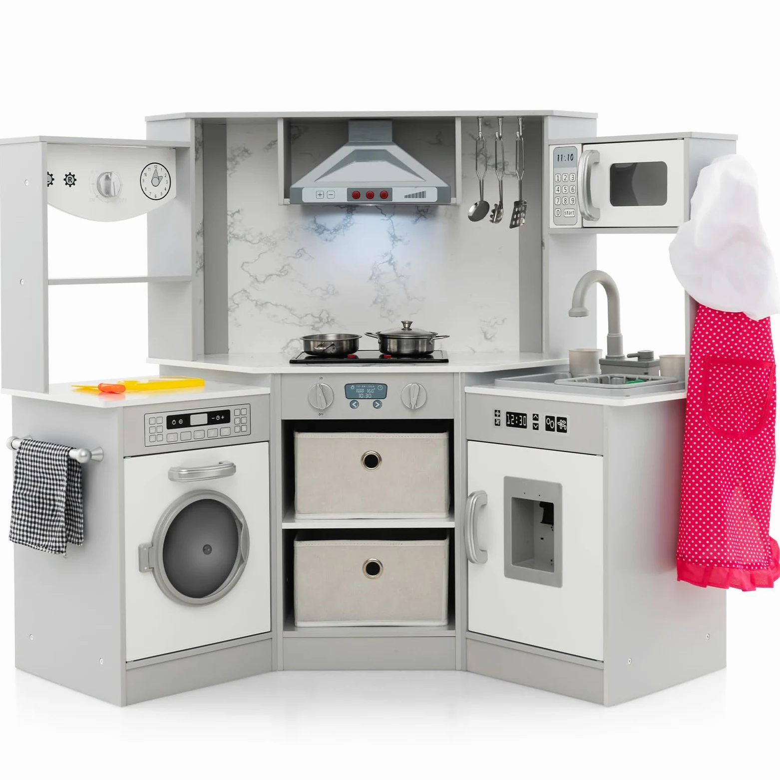 COSTWAY Cocina de Madera para Niños, Cocinita Infantil con Luces y Sonidos Realistas, Campana Extractora Iluminada, Sistema de Circulación de Agua, Dispensador de Agua y Lavadora (Gris)