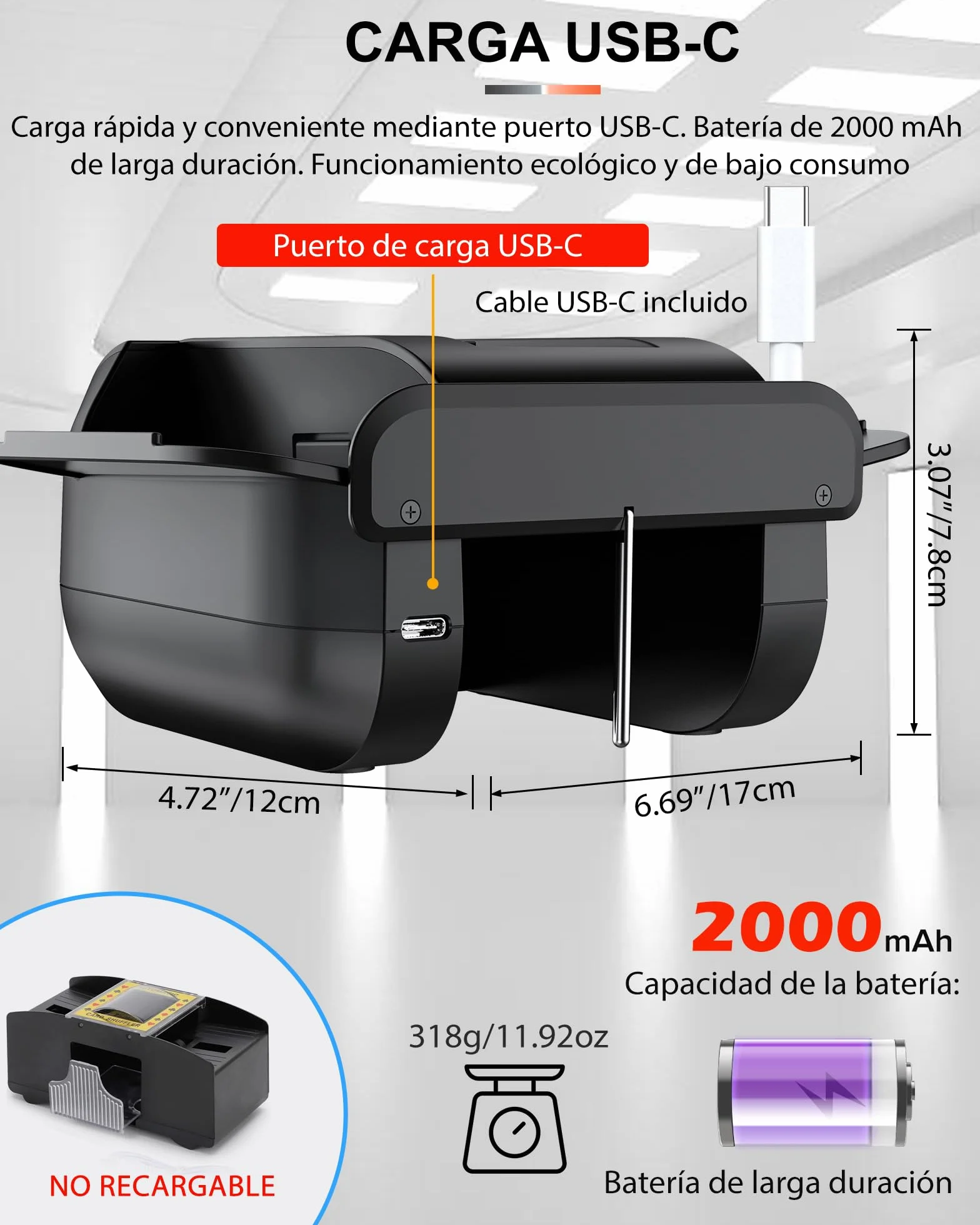 Barajador de Cartas Automático Eléctrico para 1-2 Barajas - Modo Auto/Manual Recargable 2000mAh USB-C - Silencioso - Compatible con Póker, Blackjack, UNO, Texas Hold'em, Skip-Bo y Phase 10