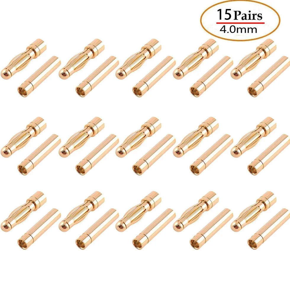 GTIWUNG 15 Pares 4,0 mm Conector de Banana Macho Hembra Reemplazo de Enchufe de Bala para Batería ESC y Motores, Dorado (4.0 mm)