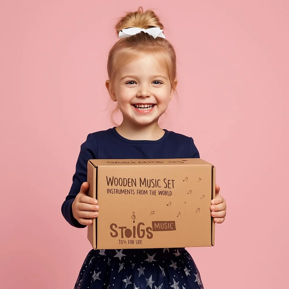 Set de Instrumentos Musicales de Madera Stoie’s para Niños de 1-9 Años – Tambor, Flauta, Maracas, Campanitas, Castañuelas, Pandereta, Juguete Montessori Educativo, Seguro, con Bolsa de Algodón