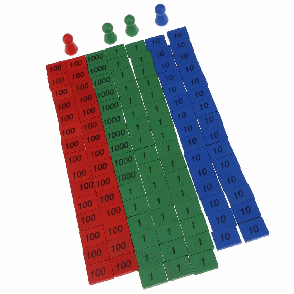 Juego de sellos Montessori de madera, juego de sellos Montessori de 4 piezas y 108 piezas de azulejos de madera etiquetados con 1, 10, 100 y 1000