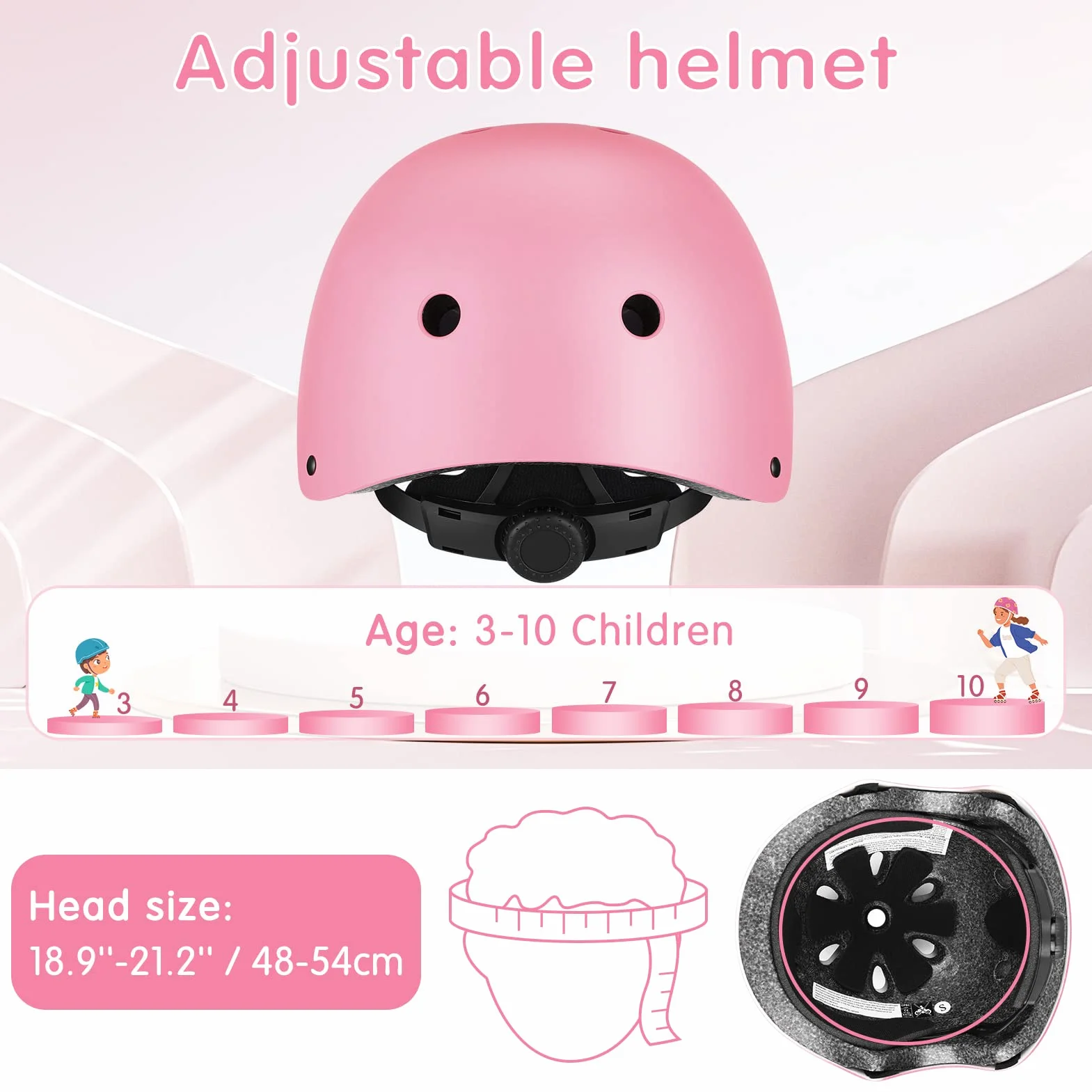 WayEee Equipo de Protección Infantil 7PCS Casco Rodilleras Coderas Muñequeras Ciclismo Patinaje Rosa