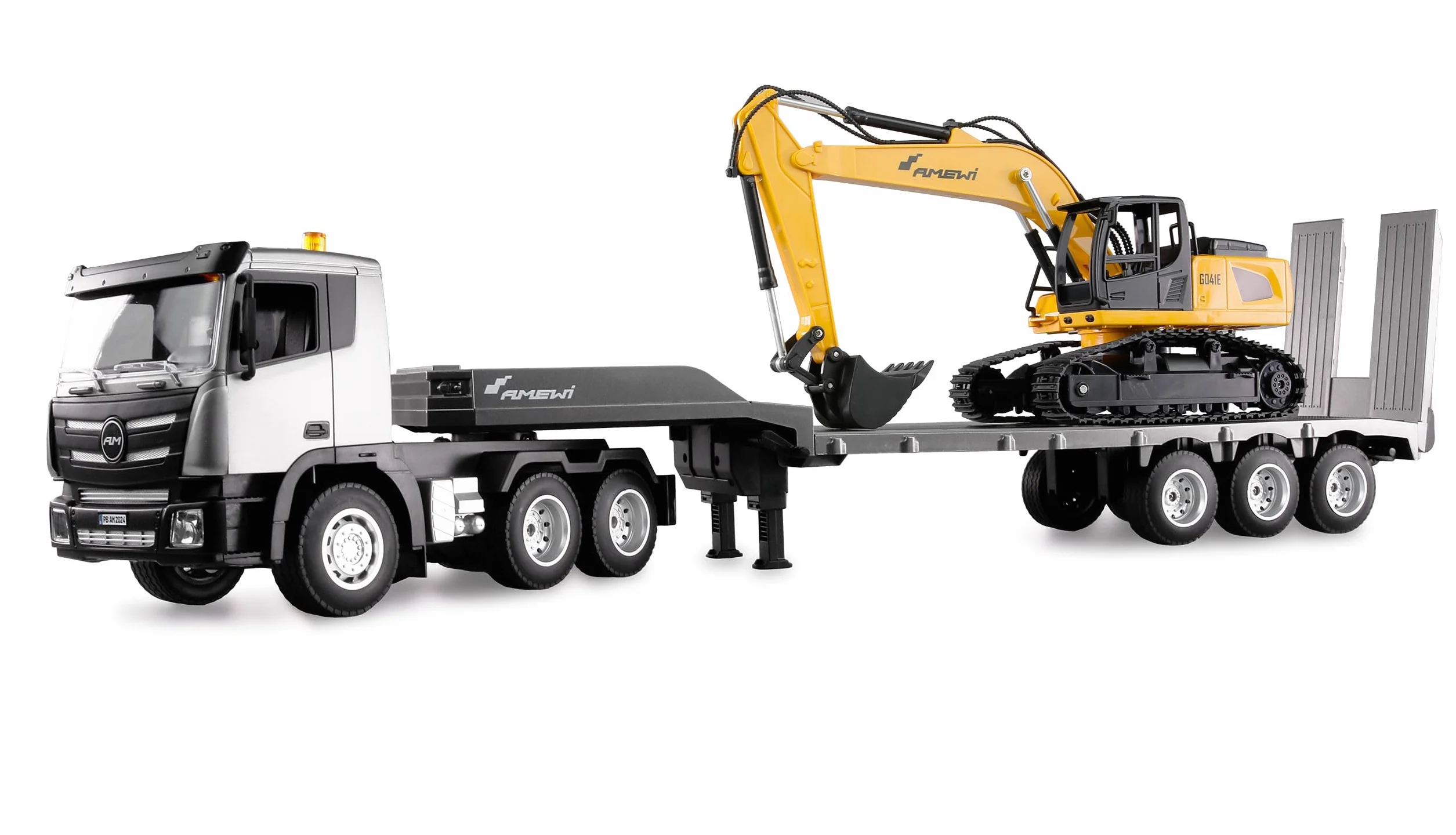 Amewi Juego de camión 2 en 1 con camión de Carga Baja y Excavadora 1:24 RTR teledirigido RC Obras para niños de 8 años, Color Antracita, Negro y Amarillo