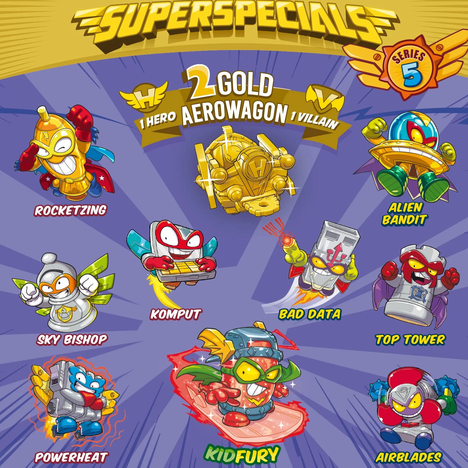 SUPERTHINGS Lata Gold Serie 5, Incluye el ultrararo (Kid Fury), los 2 líderes Dorados, los 6 capitanes Plateados y los 2 Aerowagons Dorados