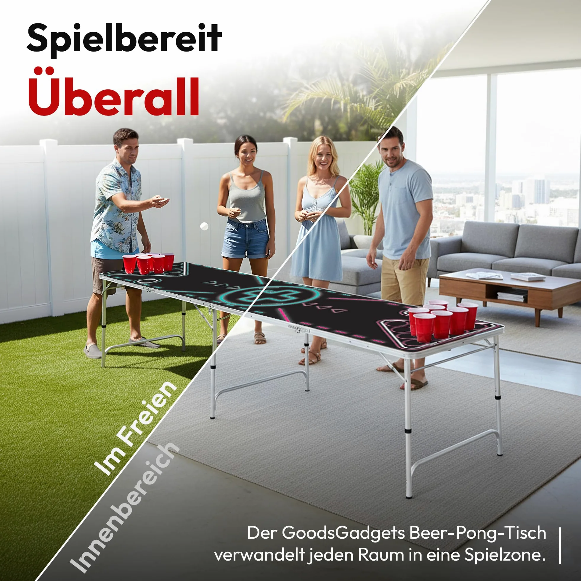 GOODS+GADGETS Mesa Plegable para Beer Pong - Mesa para Beer Pong con Altura Ajustable y Resistente a los arañazos Cualquier Fiesta (Neón)