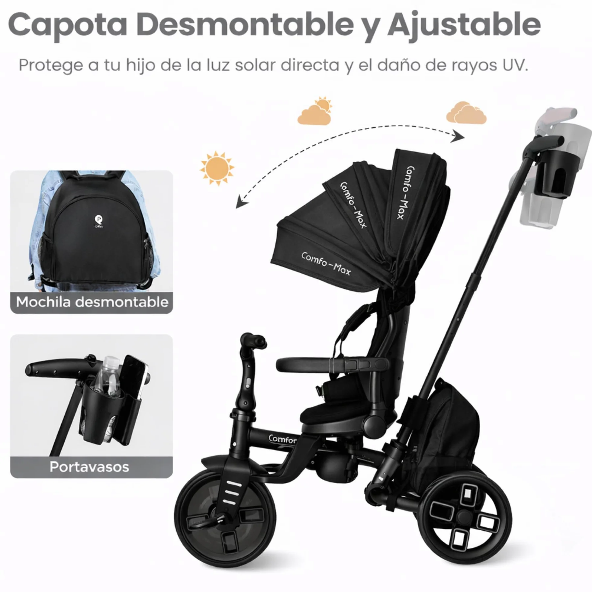Qplay Triciclo Evolutivo COMFO MAX 6 en 1 Negro | Triciclo Bebe 1 Año Plegable de Aluminio con Asiento 360º, Reclinable y Capota – para Bebés de 10 a 72 Meses (Negro)