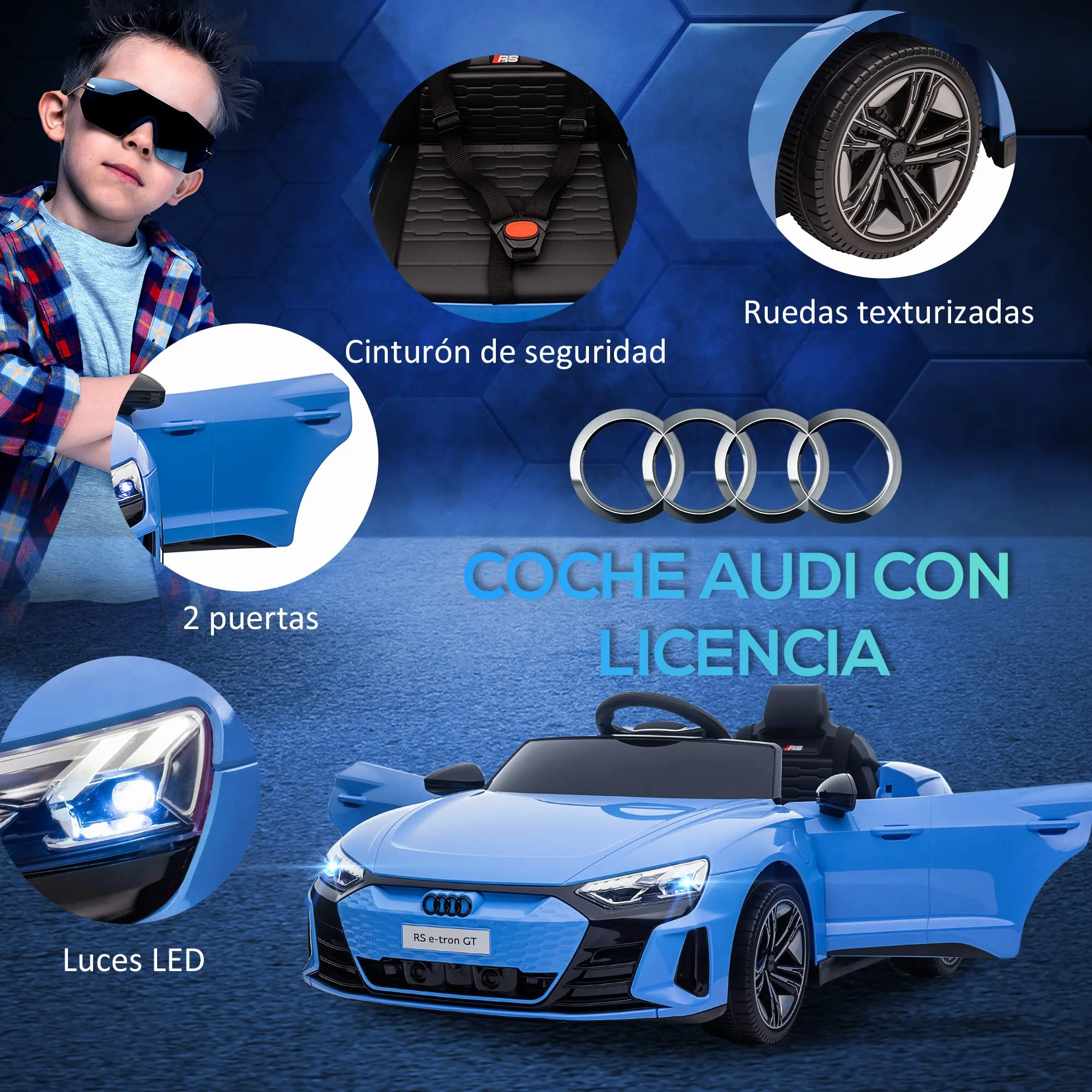 HOMCOM Coche Eléctrico para Niños de +3 Años Audi RS e-Tron GT Coche de Batería 12V con Mando a Distancia Faros LED Bocina Música USB y Apertura de Puerta 3-5 km/h Azul