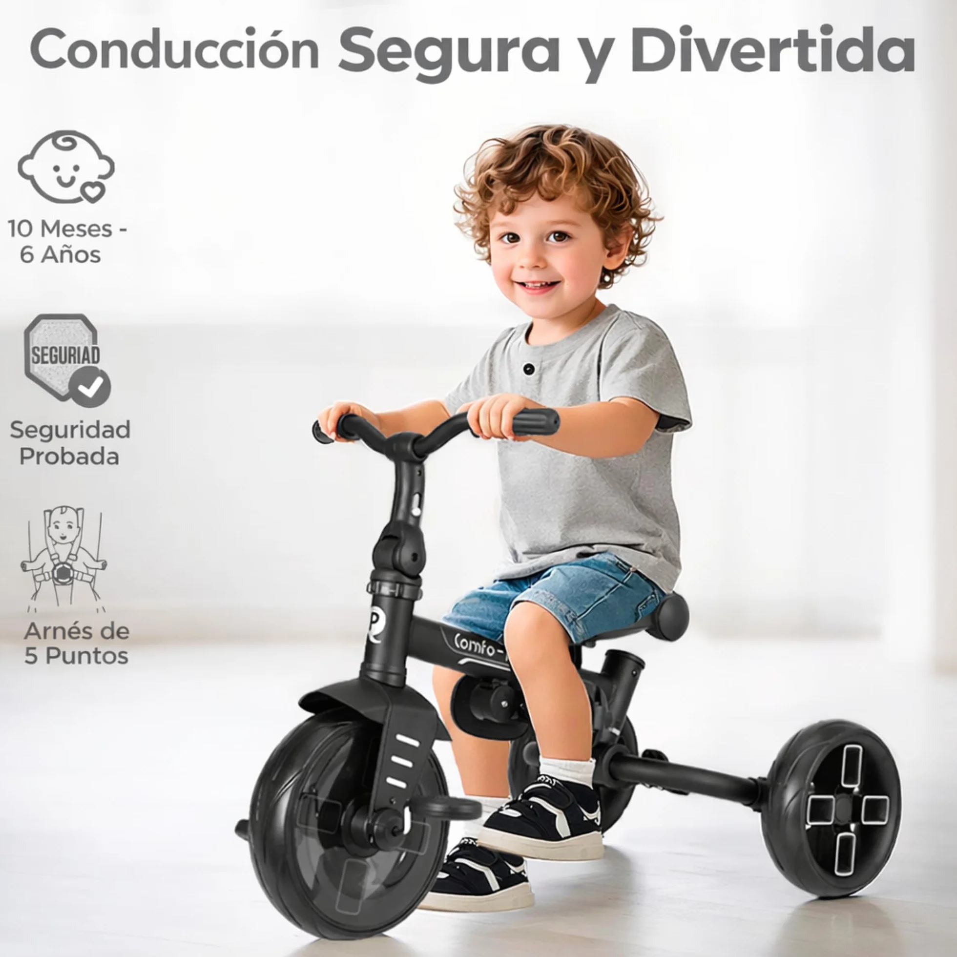 Qplay Triciclo Evolutivo COMFO MAX 6 en 1 Negro | Triciclo Bebe 1 Año Plegable de Aluminio con Asiento 360º, Reclinable y Capota – para Bebés de 10 a 72 Meses (Negro)